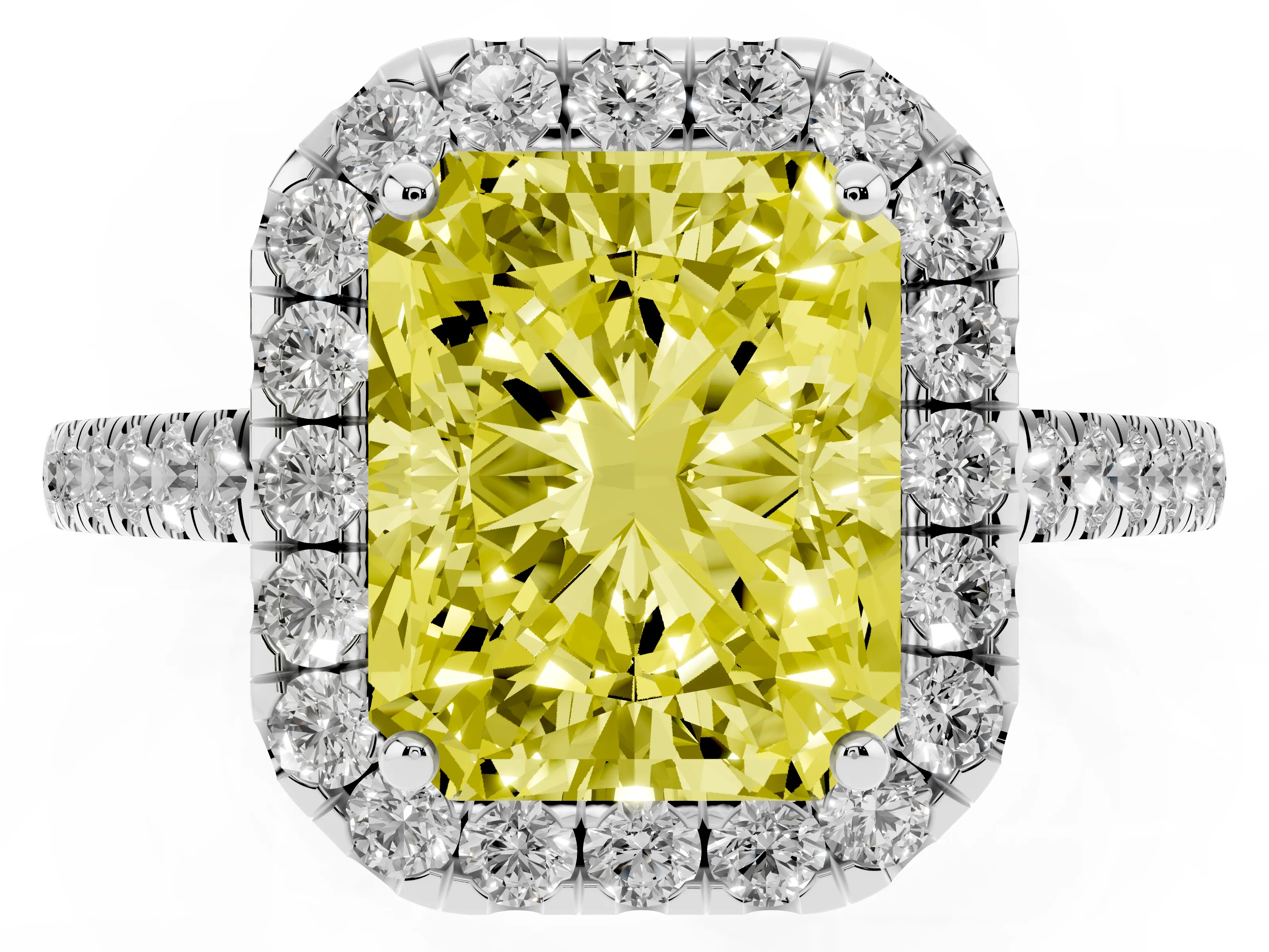 Fancy Yellow Radiant Cut Diamond Halo Pavé Engagement Ring Set in Silver with Prong Setting