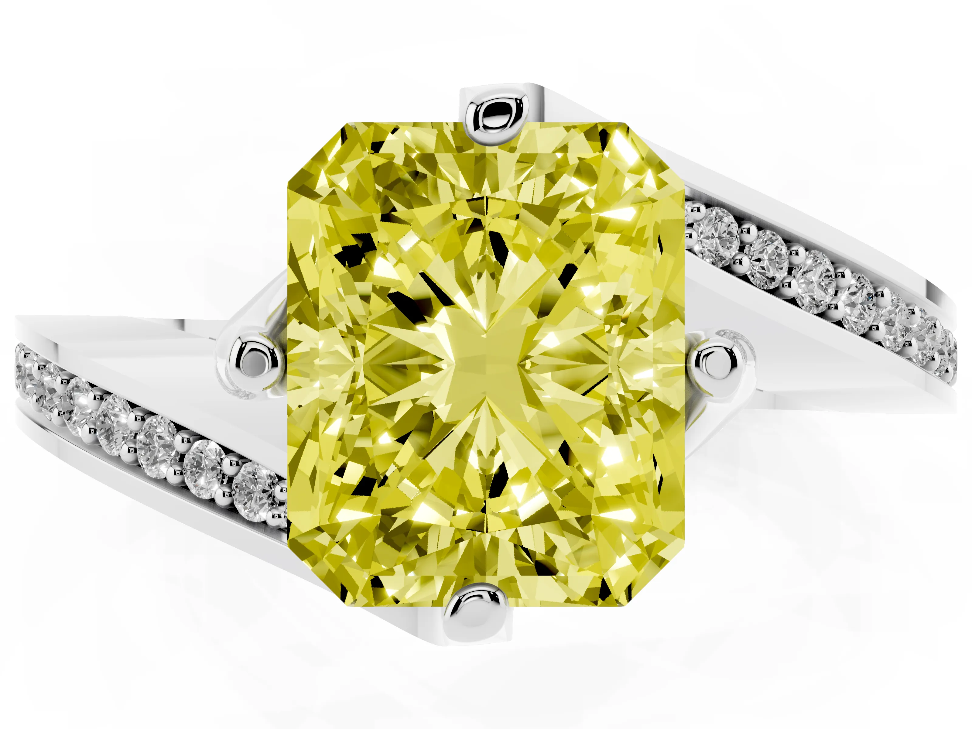 Fancy Yellow Radiant Cut Diamond Solitaire Ring Set in Silver with Intertwined Pavé Twist Band