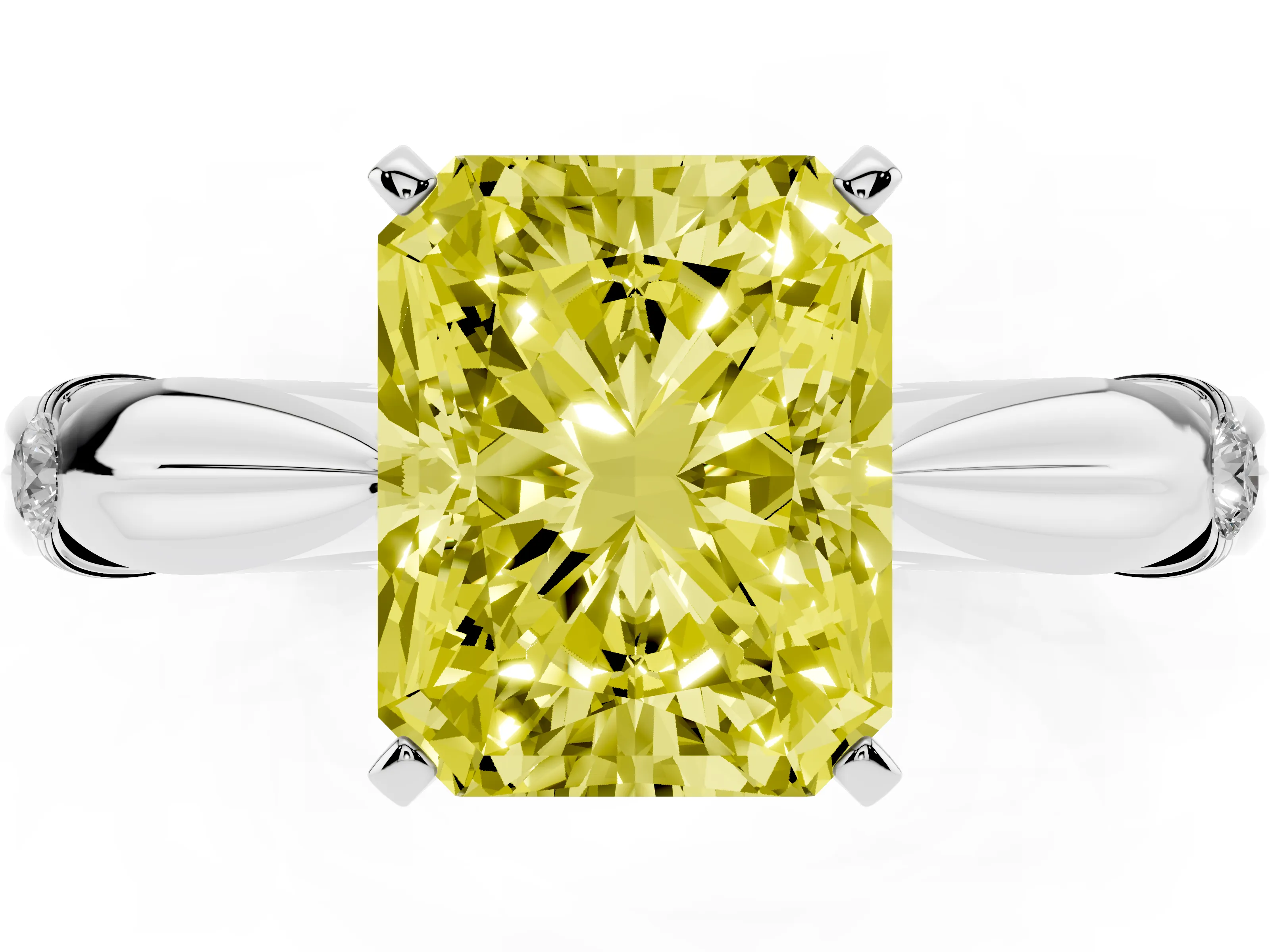 Fancy Yellow Radiant Cut Diamond Solitaire Twisted Band Ring Set in White gold with Accent Stones and Prong Setting