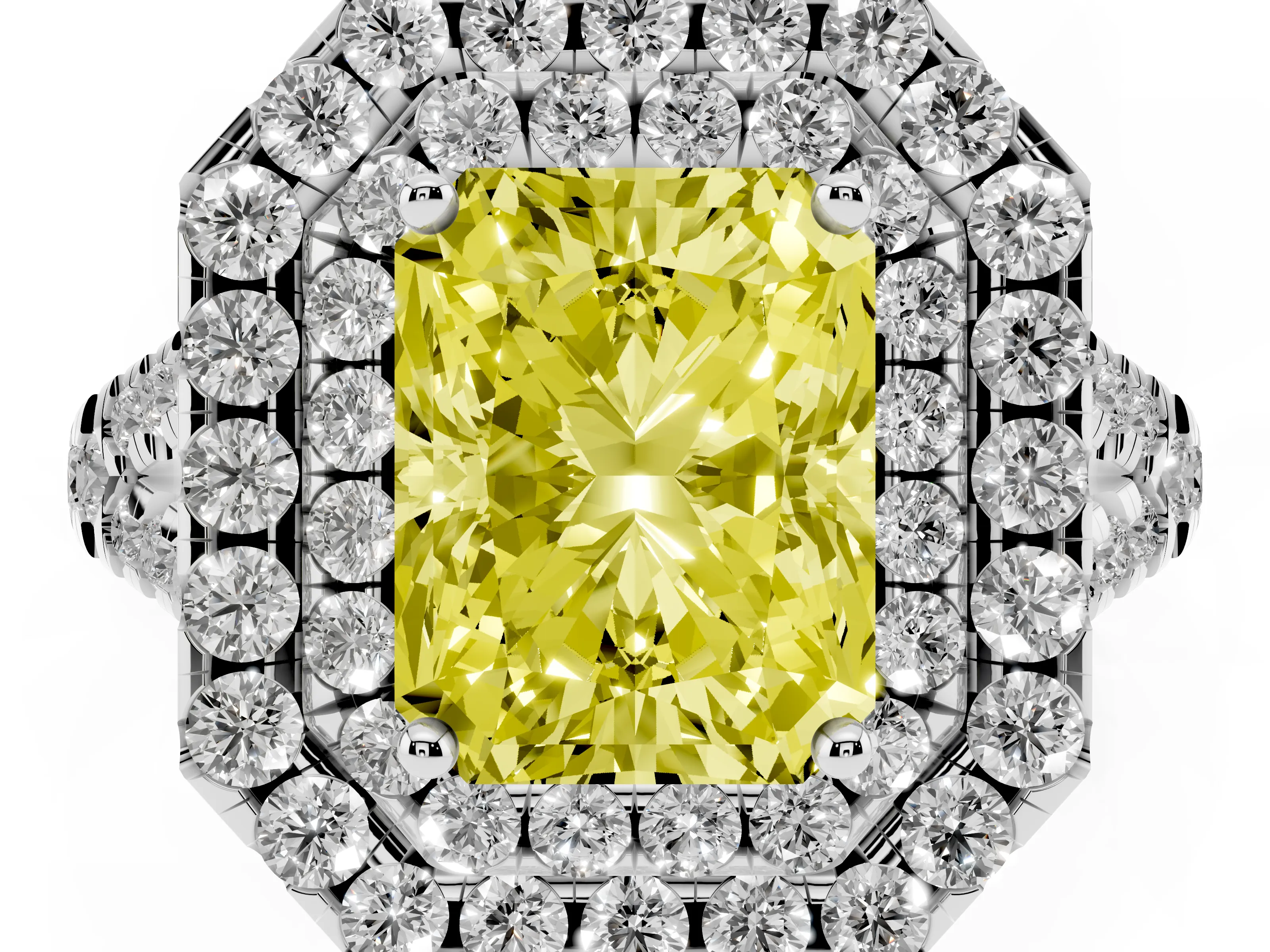Fancy Yellow Radiant Cut Diamond Double Halo Ring Set in Silver with Pavé Split Shank and Prong Setting