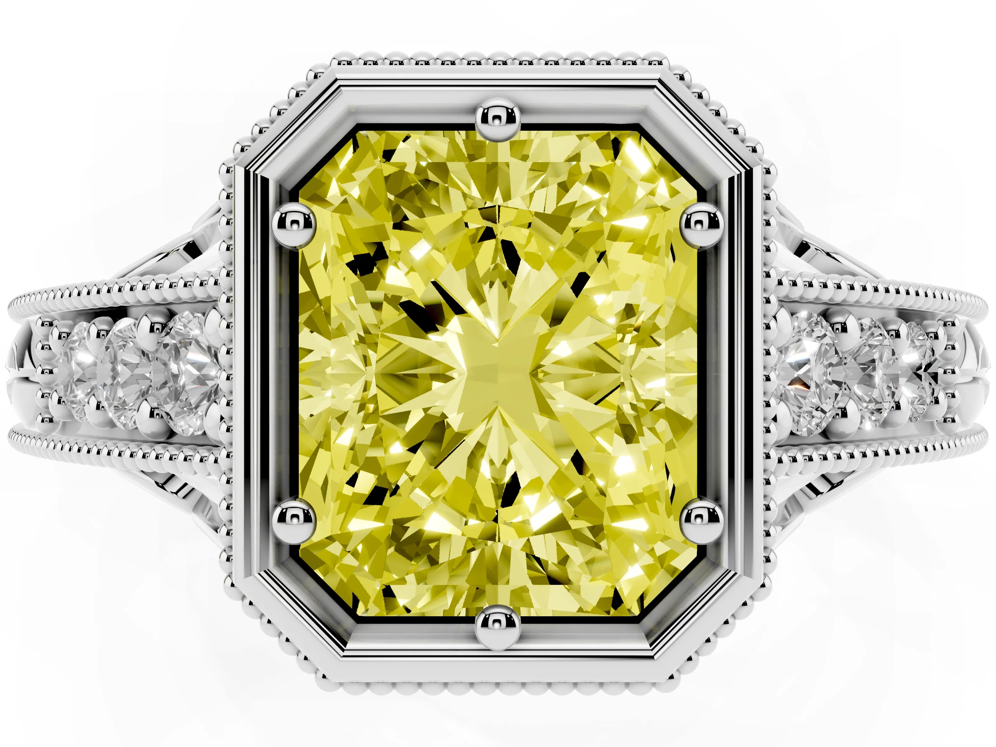 Fancy Yellow Bezel Set Radiant Cut Diamond Milgrain Pavé Engagement Ring Set in Silver