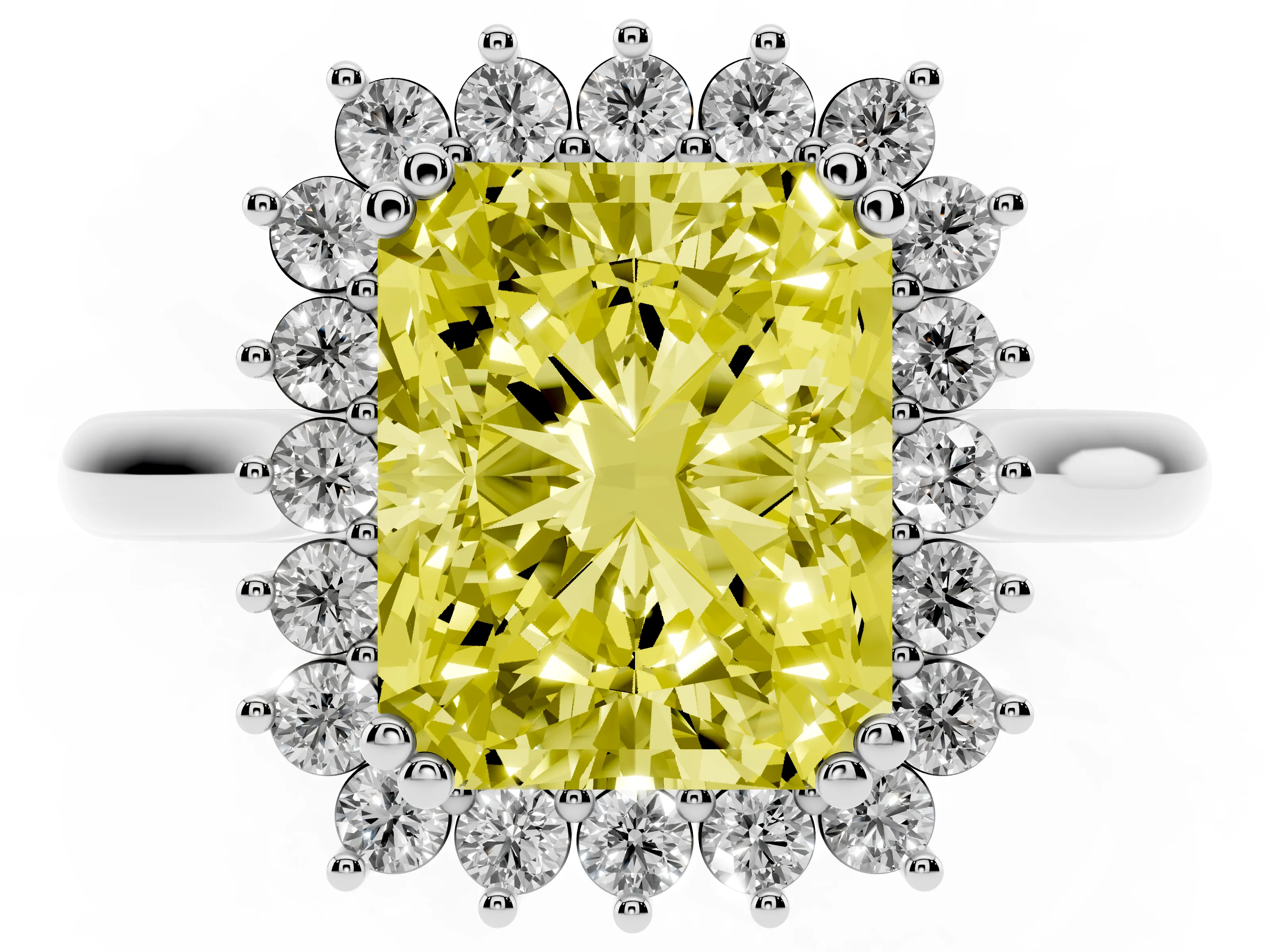 Fancy Yellow Radiant Cut Diamond Halo Ring Set in Silver with Plain Solitaire Band and Prong Setting
