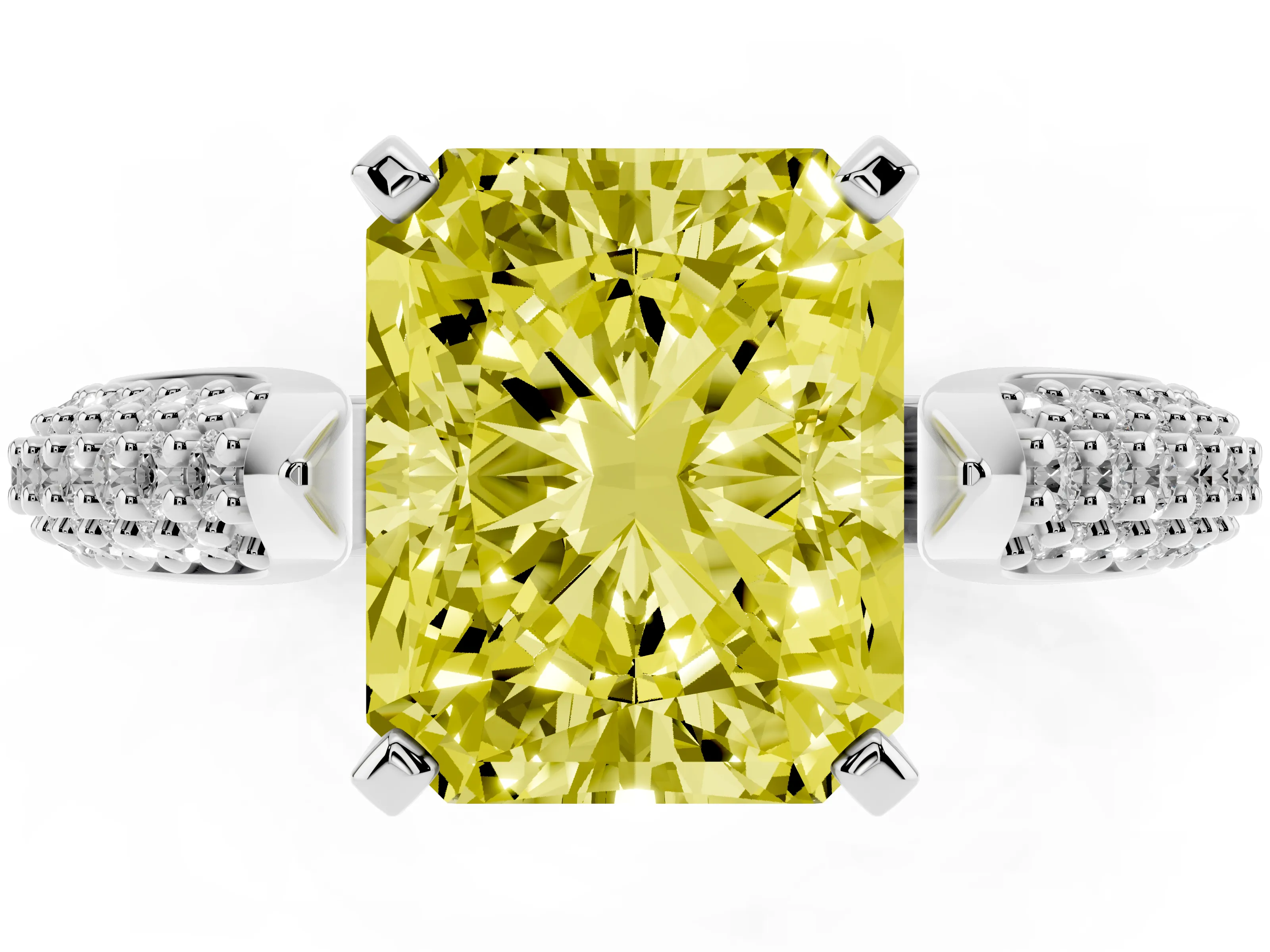 Fancy Yellow Radiant Cut Diamond Solitaire Engagement Ring Set in Platinum with Multi-Row Round Pavé Band and Prong Setting