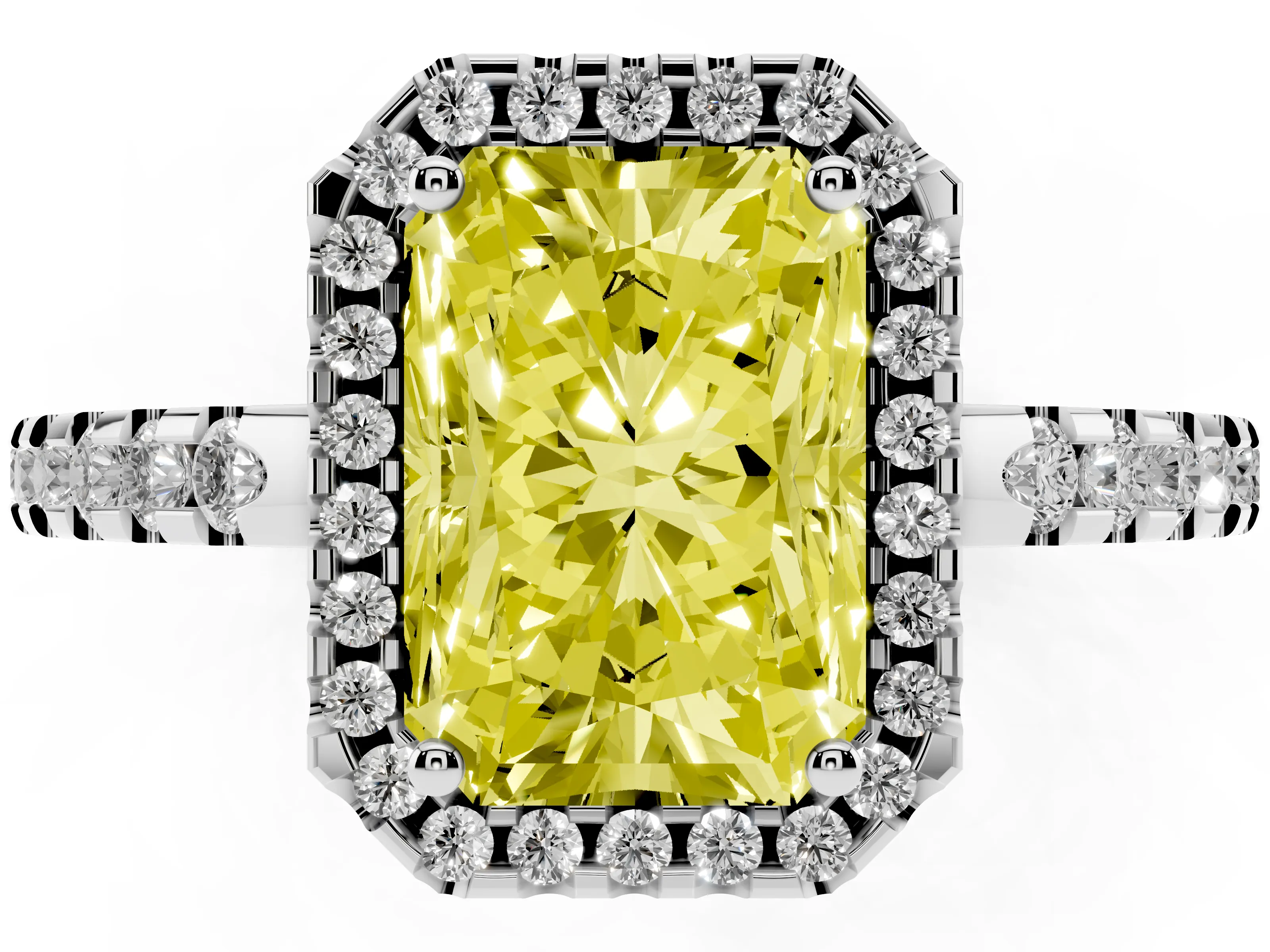 Fancy Yellow Radiant Cut Diamond Halo Ring Set in Platinum with Pavé Shoulders and Halo-Framed Center