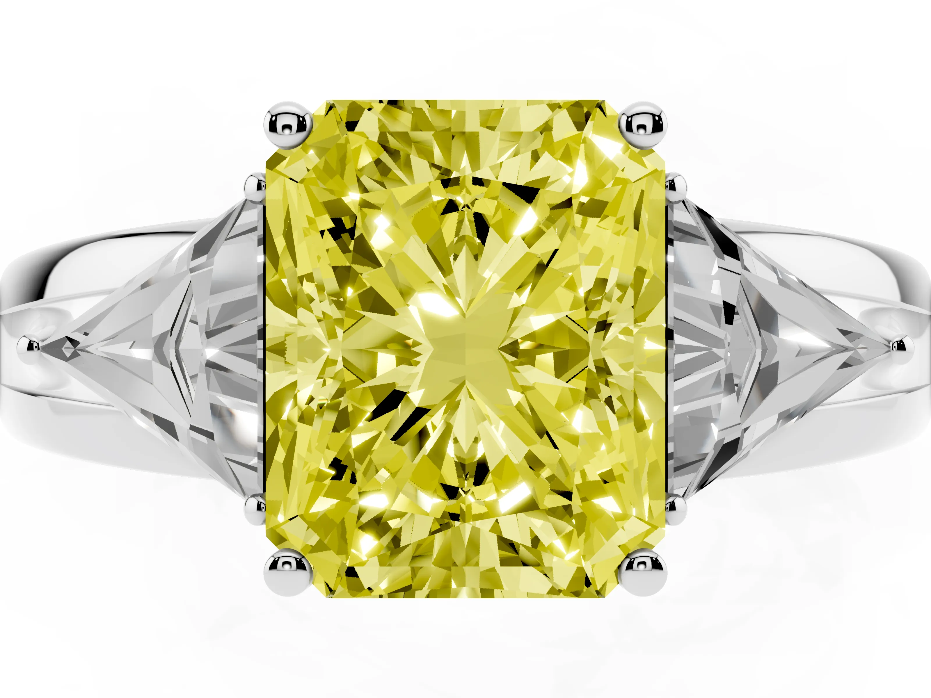 Fancy Yellow Radiant Cut Diamond Three-Stone Ring Set in White gold with Trillion Side Stones and Split Shank