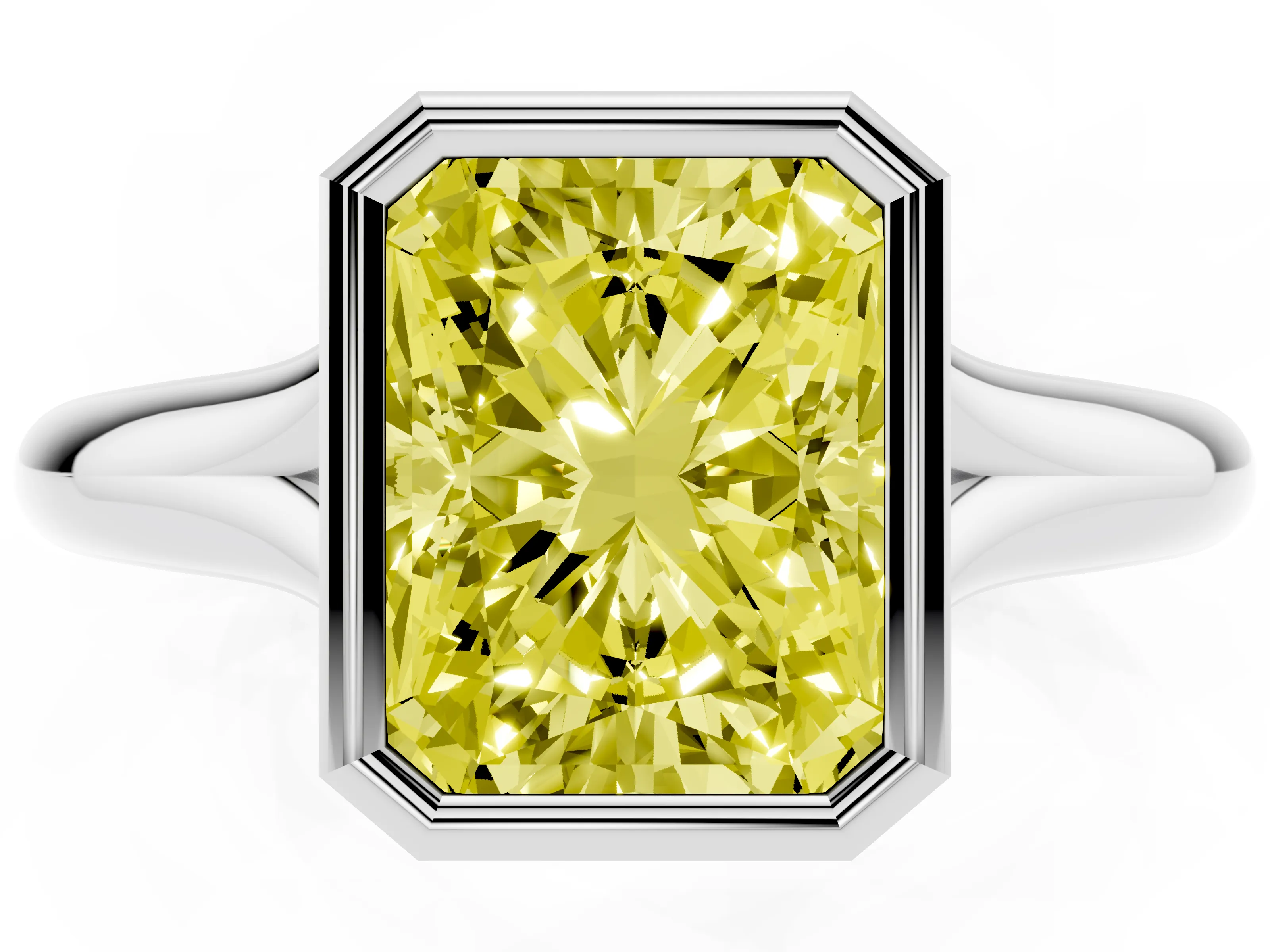 Fancy Yellow Bezel Set Radiant Cut Diamond Solitaire Ring Set in White gold with Smooth Band