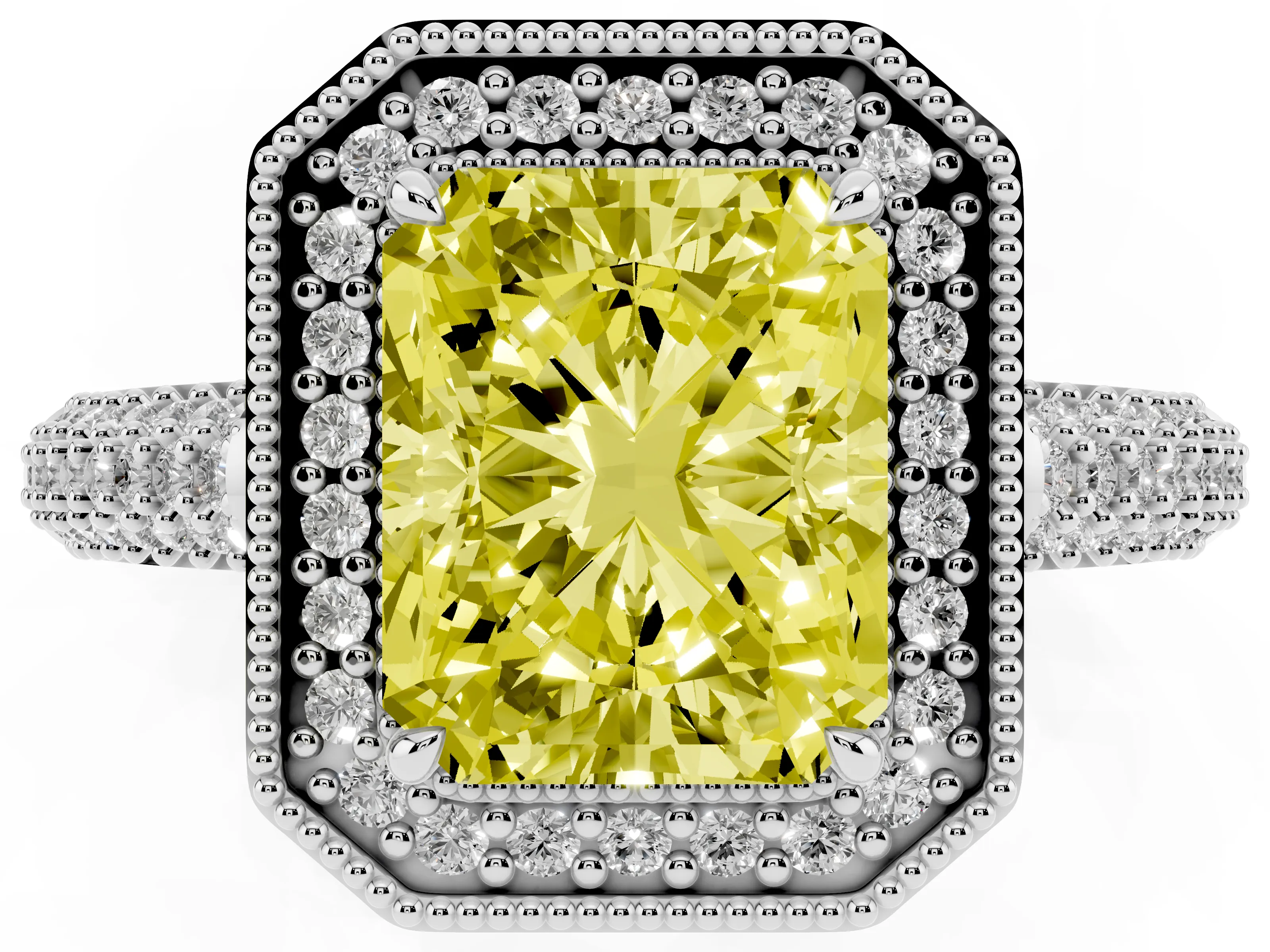 Fancy Yellow Radiant Cut Diamond Halo Pavé Band Set in White gold with Prong Setting