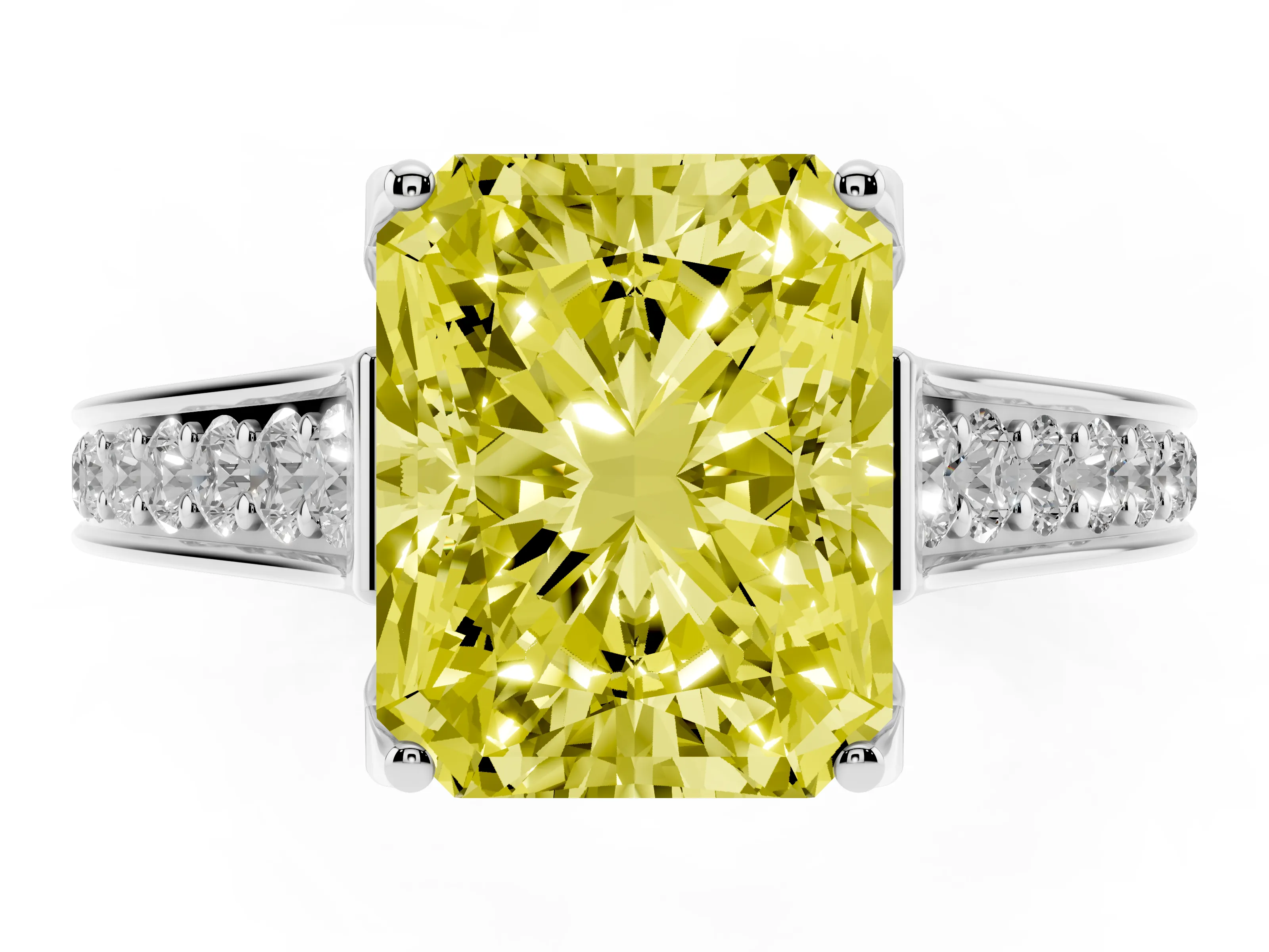 Fancy Yellow Radiant Cut Diamond Solitaire Pavé Engagement Ring Set in Platinum with Prong Setting
