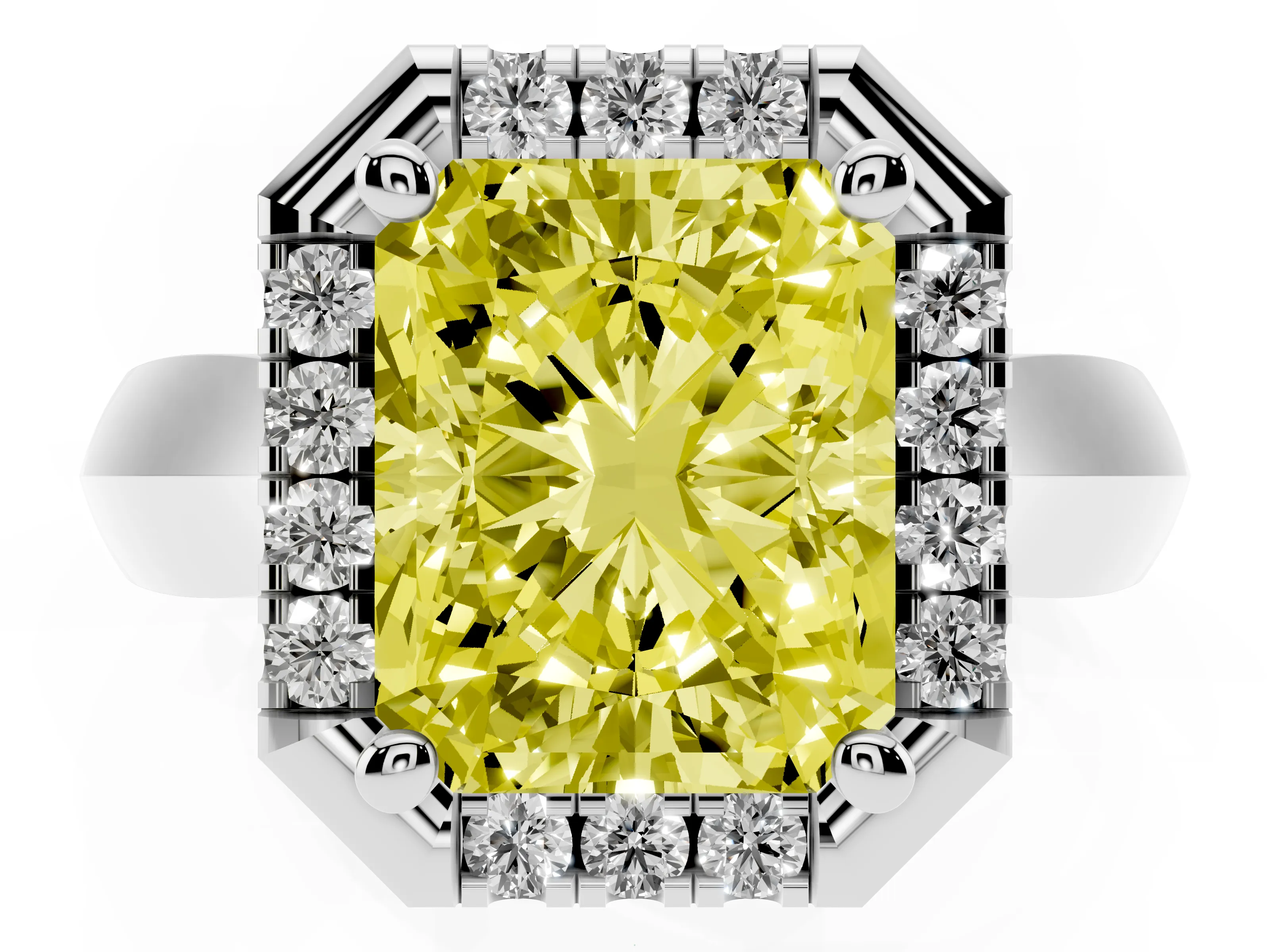 Fancy Yellow Radiant Cut Diamond Halo Solitaire Engagement Ring Set in Platinum with Square Band and Prong Setting