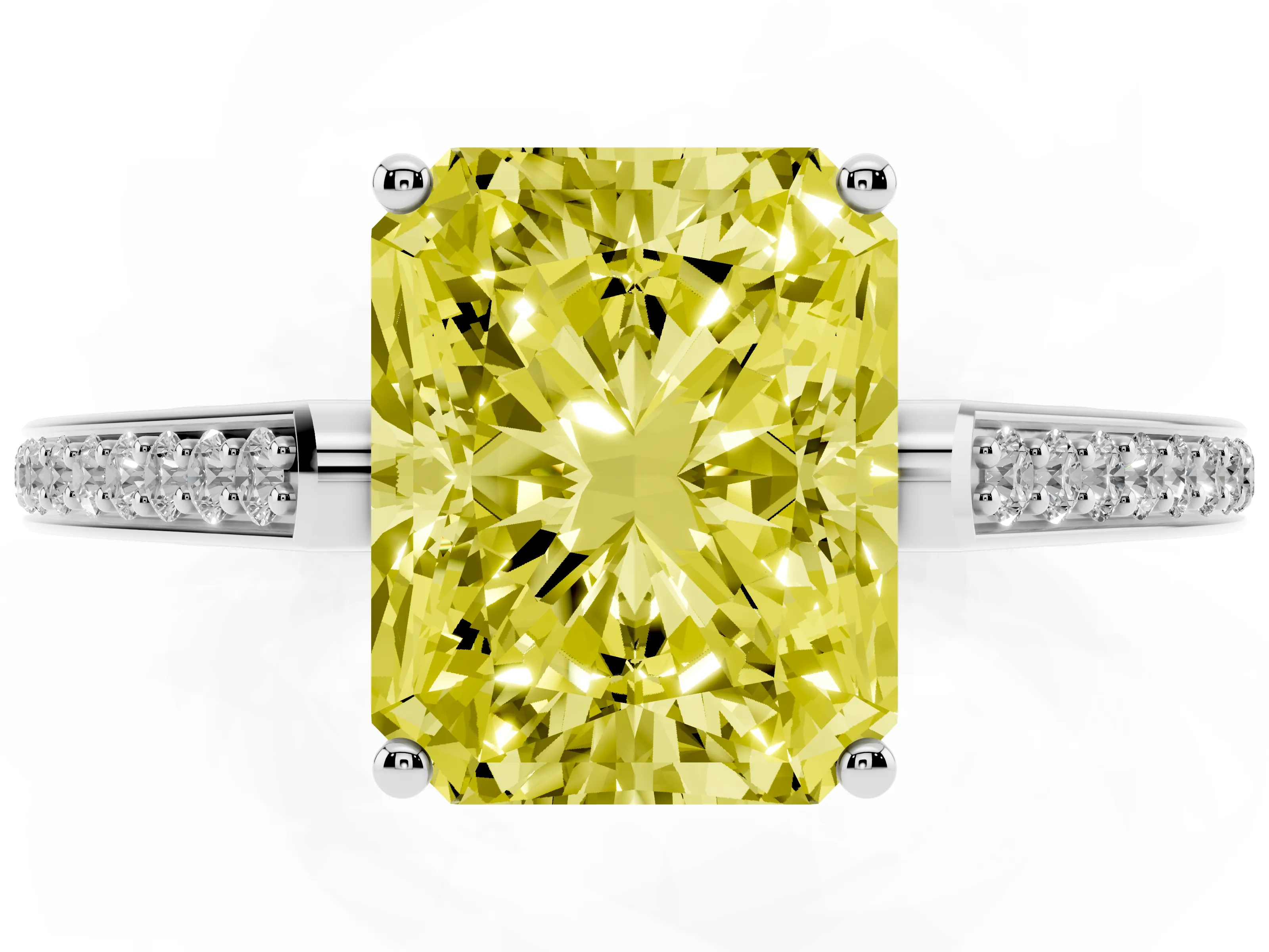 Fancy Yellow Radiant Cut Diamond Cathedral Pavé Engagement Ring Set in Silver with Prong Setting