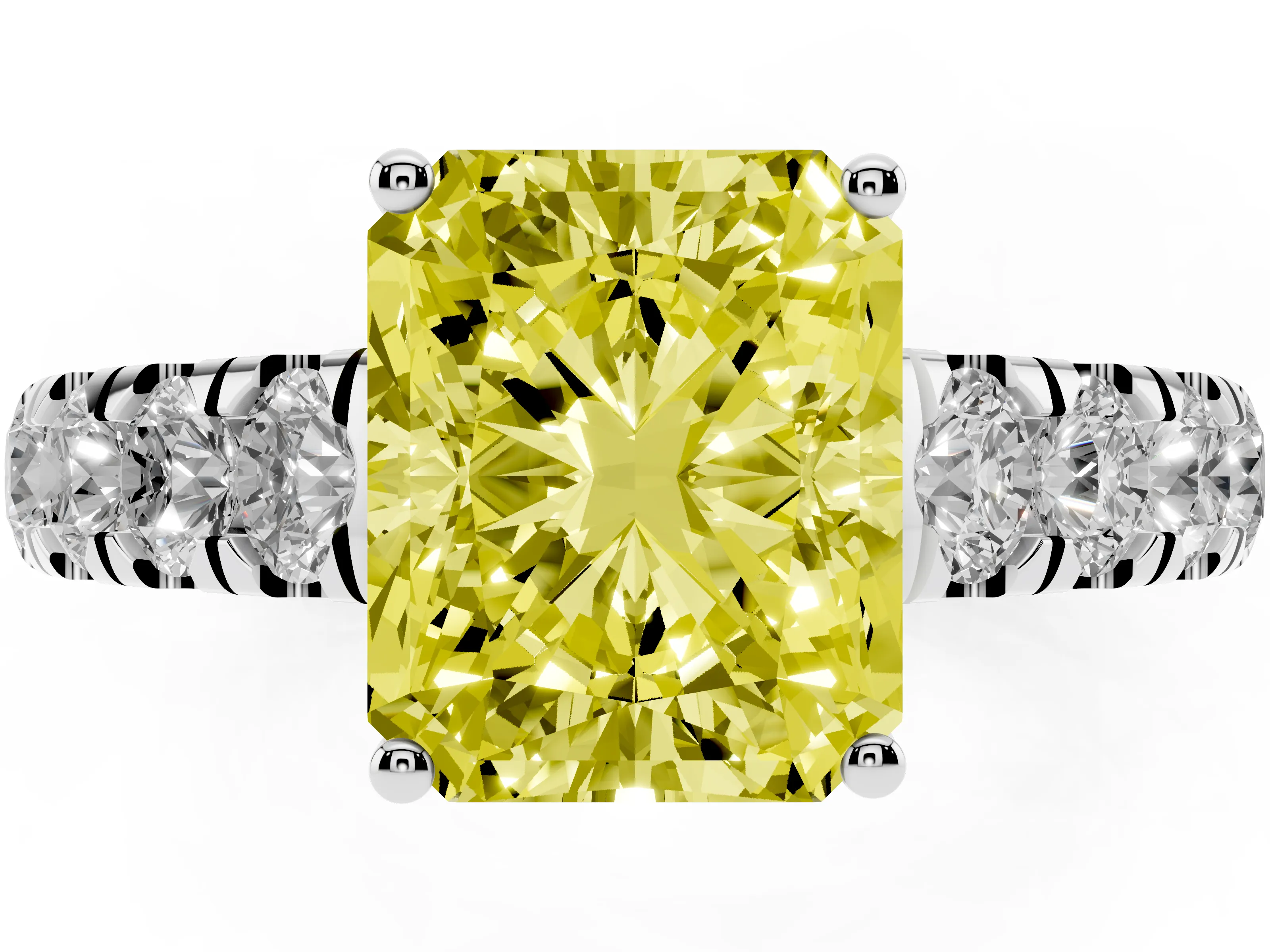 Fancy Yellow Radiant Cut Diamond Solitaire Ring Set in White gold with Cut-Down Micro Pavé Band and Prong Setting