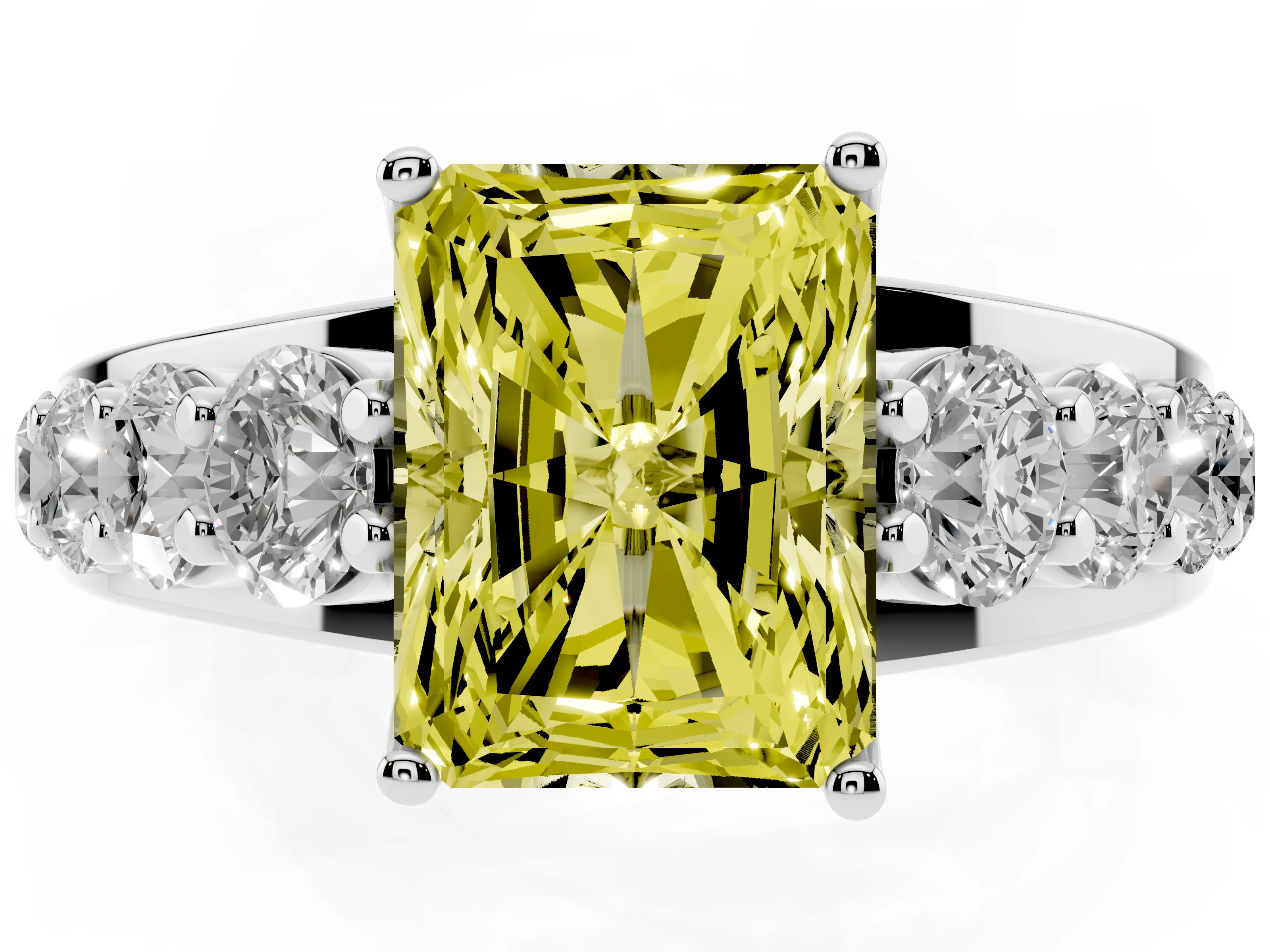 Fancy Yellow Radiant Cut Diamond Pavé Engagement Ring Set in Silver with Prong Setting