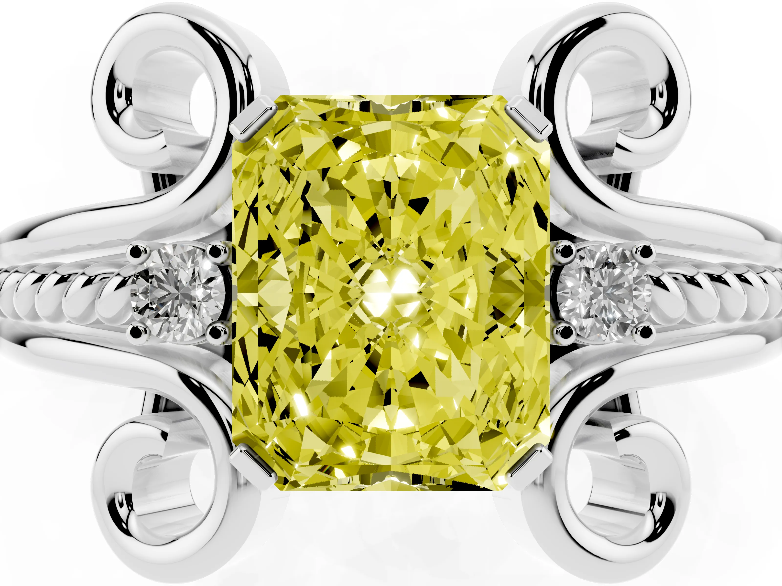 Fancy Yellow Radiant Cut Diamond Twisted Band Solitaire Ring Set in Platinum with Scroll Prongs