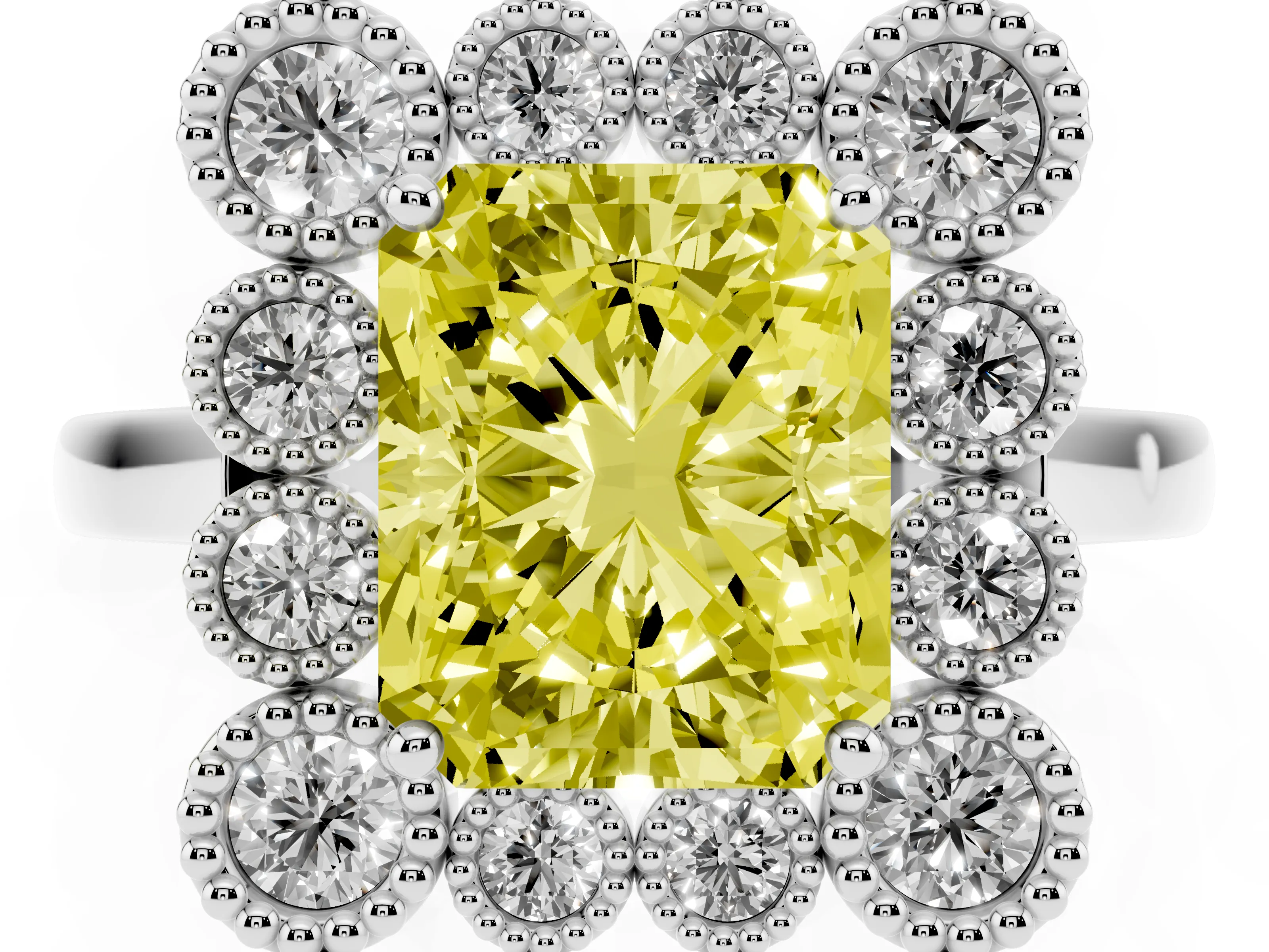 Fancy Yellow Radiant Cut Diamond Cluster Halo Ring Set in White gold with Milgrain Bezel Accents and Plain Band