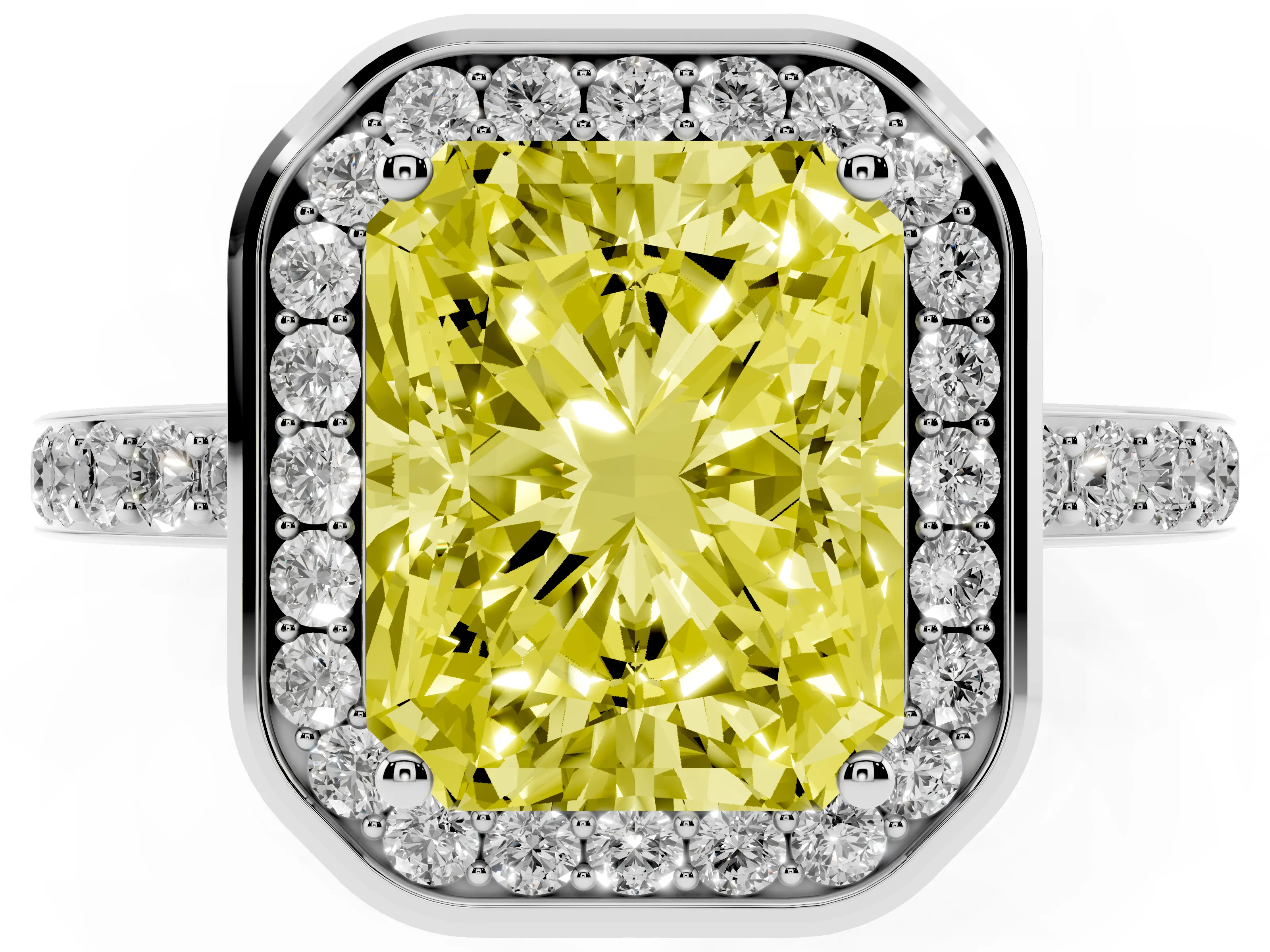 Fancy Yellow Radiant Cut Diamond Halo Ring Set in Silver with Bezel Frame and Pavé Band