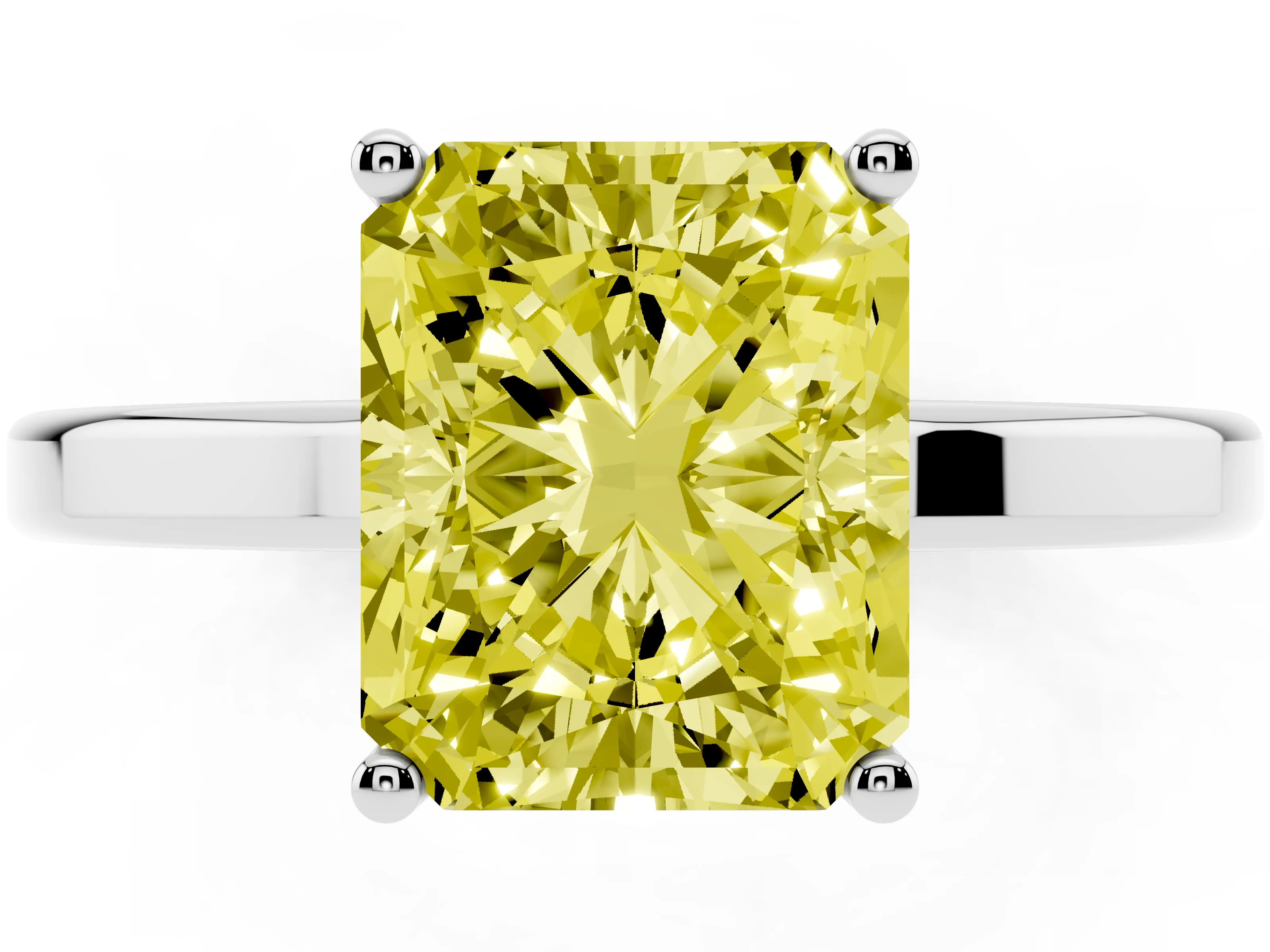 Fancy Yellow Radiant Cut Diamond Solitaire Engagement Ring Set in Silver with Prong Setting on a Plain Band