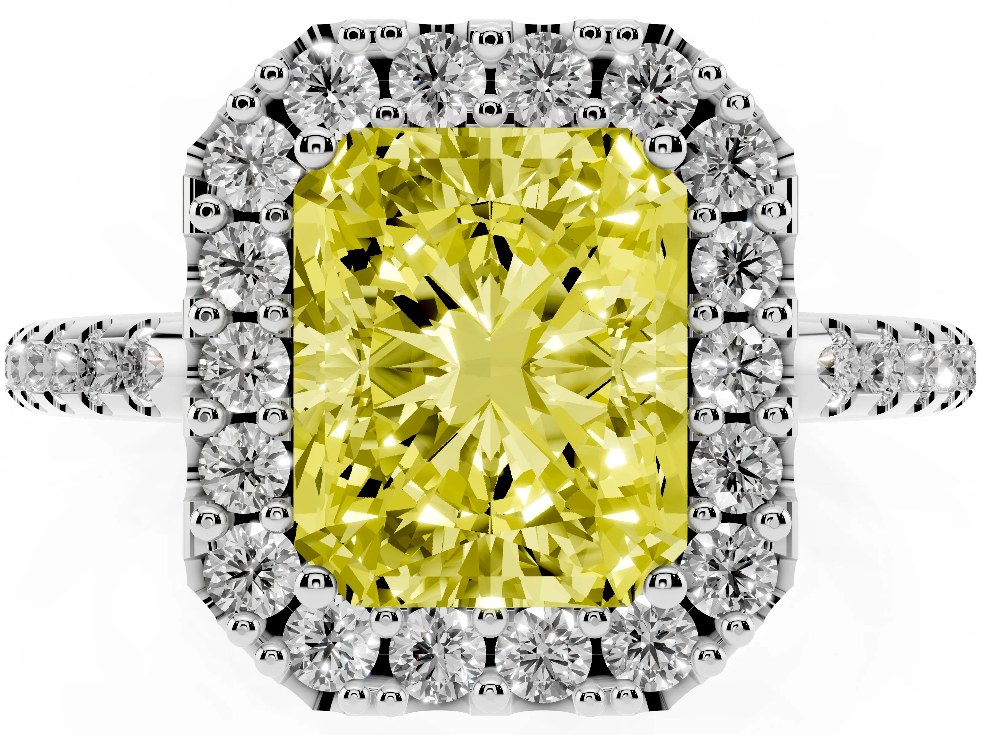 Fancy Yellow Radiant Cut Diamond Pavé Halo Ring Set in Platinum with Prong Setting