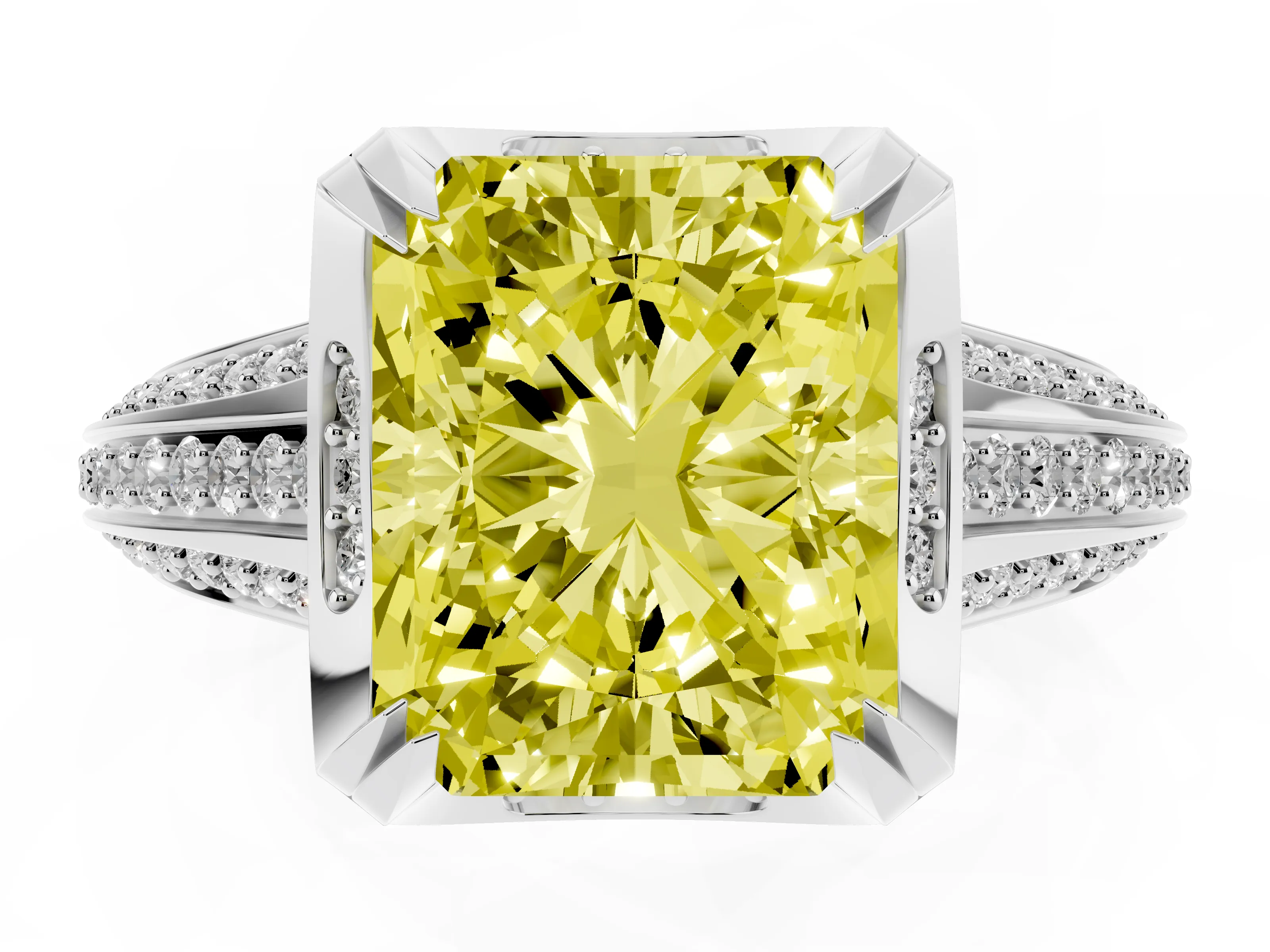 Fancy Yellow Radiant Cut Diamond Pavé Split Shank Solitaire Ring Set in Silver with Prong Setting