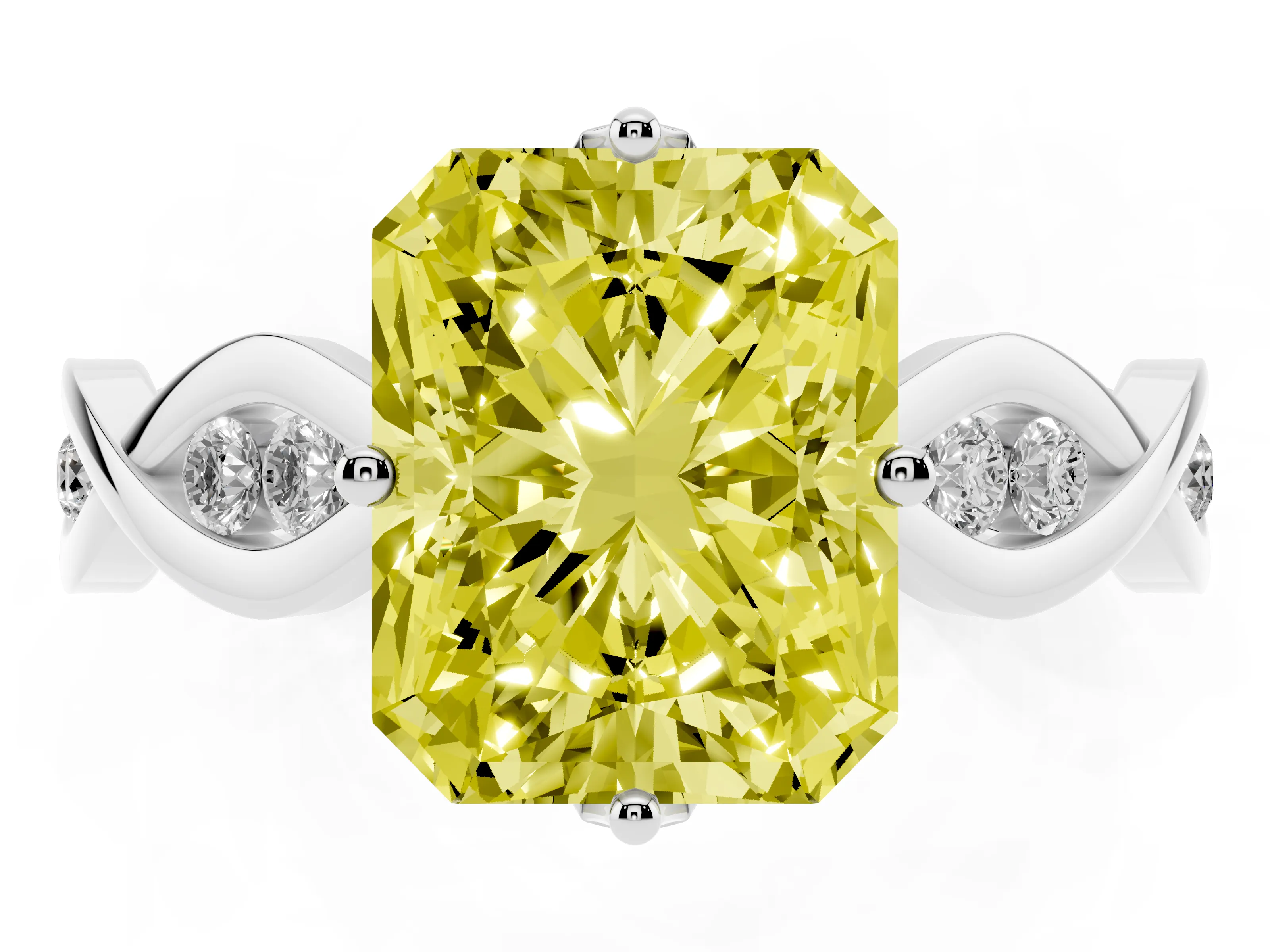 Fancy Yellow Radiant Cut Diamond Twist Band Solitaire Ring Set in Platinum with Leaf Prong Setting and Accent Stones