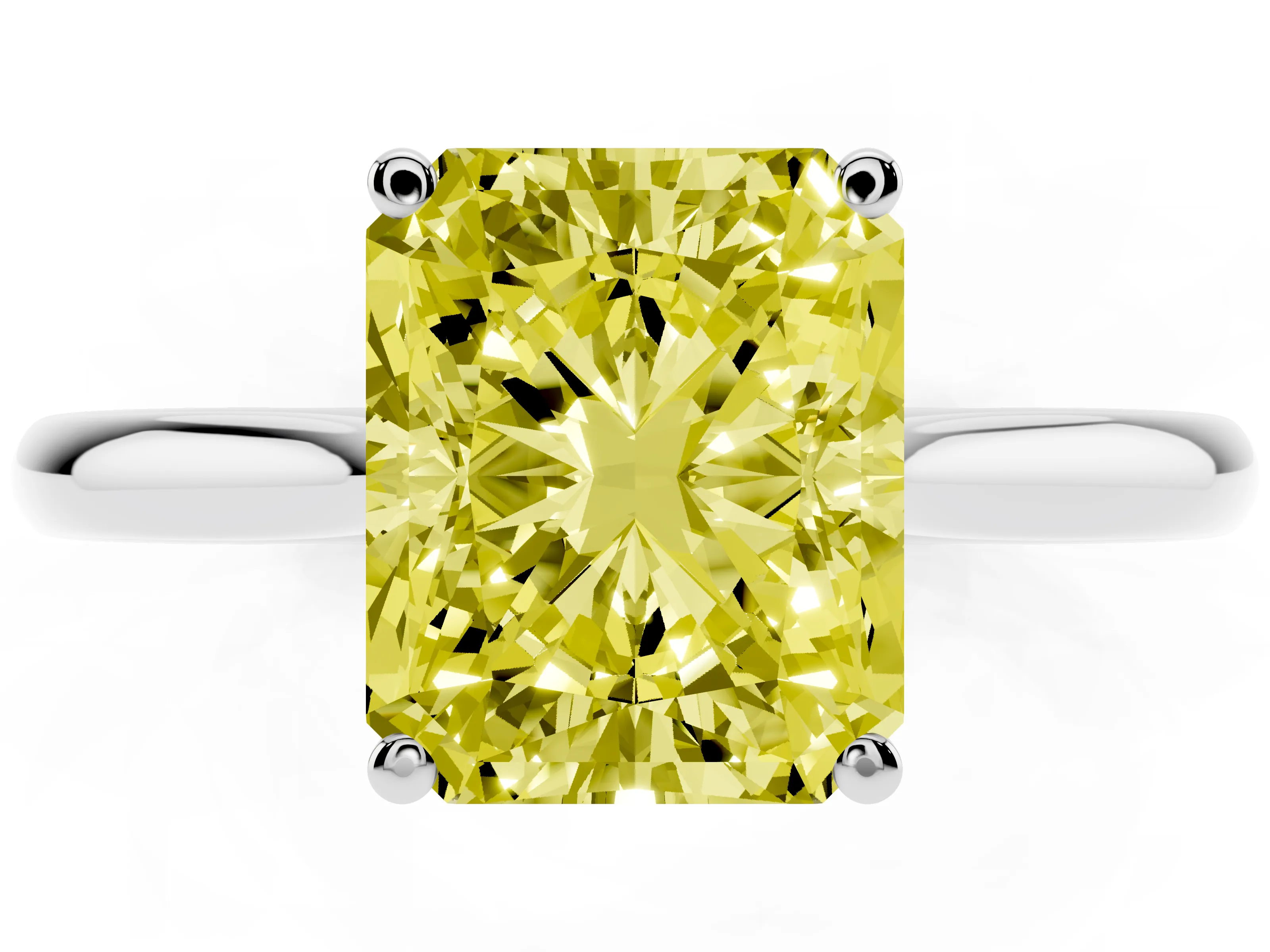 Fancy Yellow Radiant Cut Diamond Solitaire Ring Set in Platinum with Cathedral Band and Prong Setting