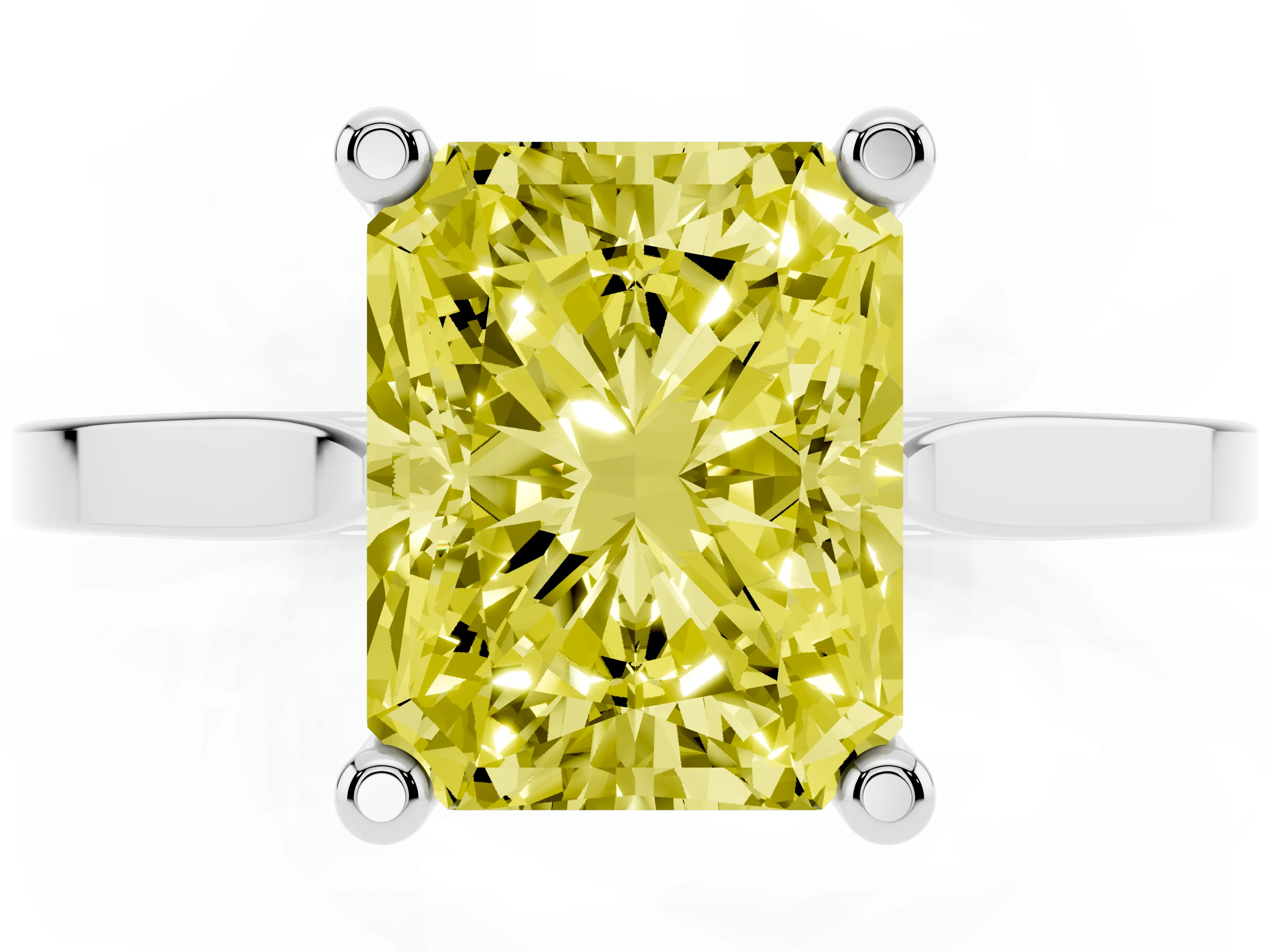 Fancy Yellow Radiant Cut Diamond Solitaire Ring Set in Platinum with Prong Setting and Tapered Band