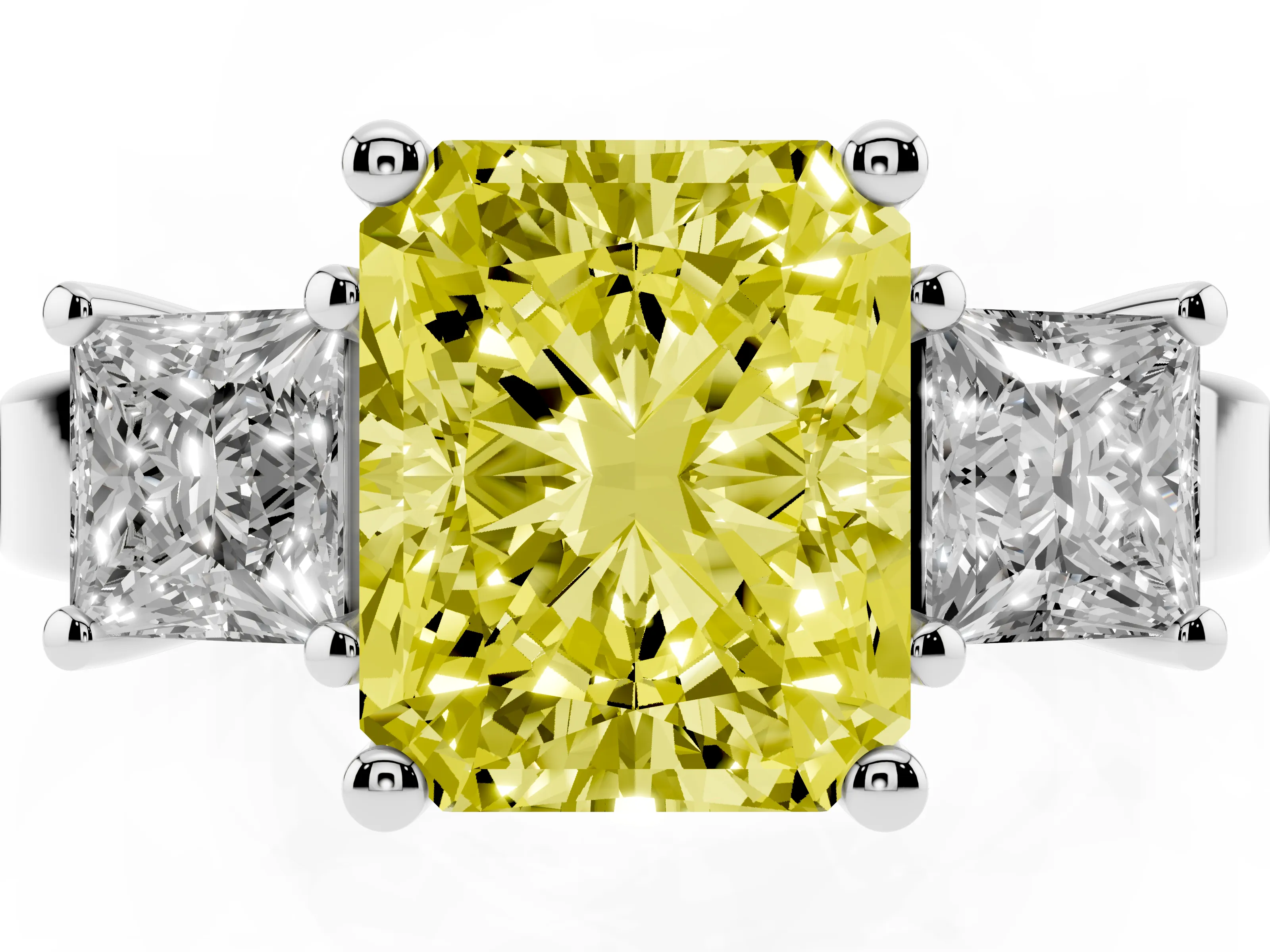 Fancy Yellow Three-Stone Radiant Cut Diamond Solitaire Ring Set in Platinum with Prong Setting