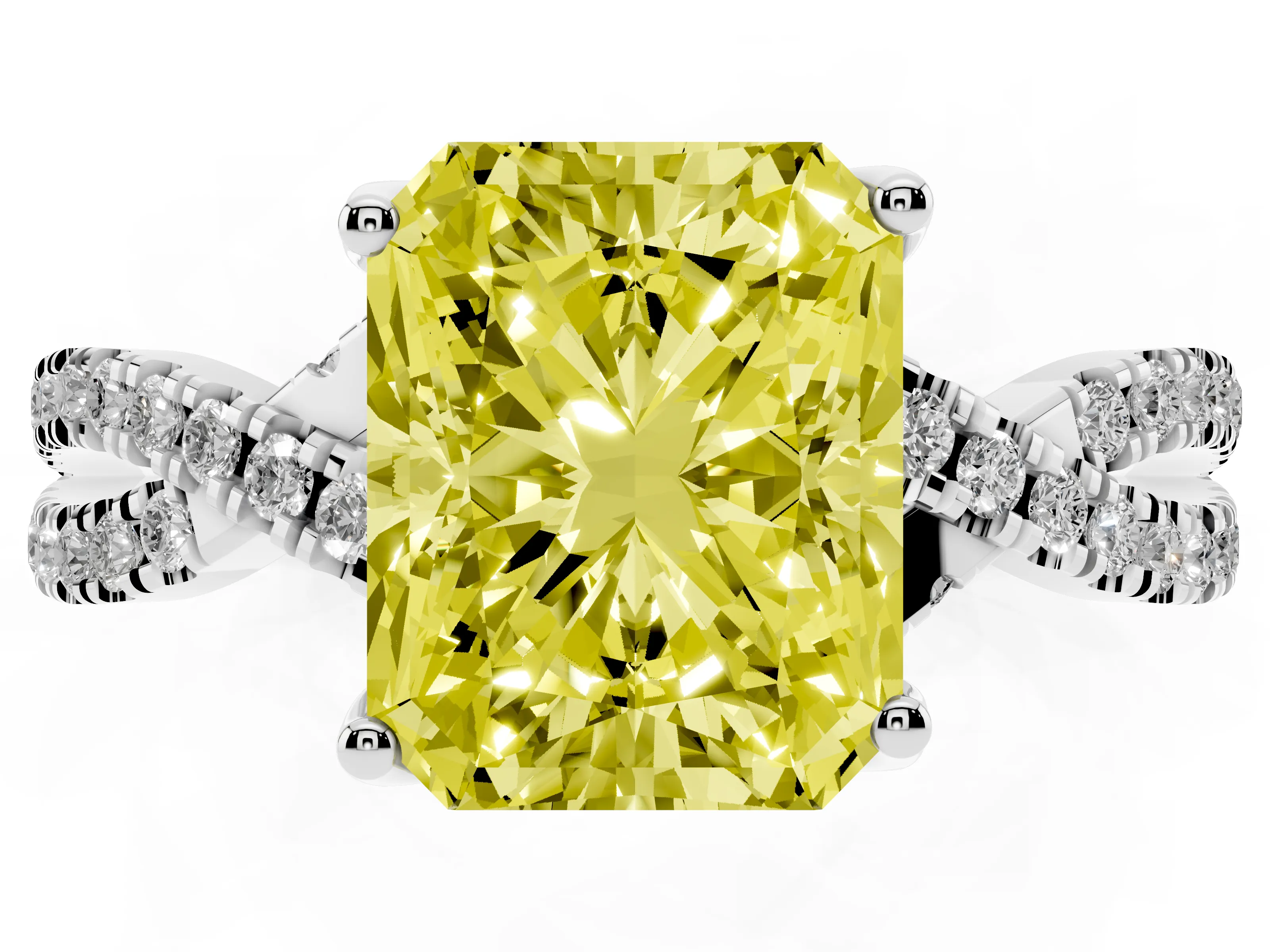Fancy Yellow Radiant Cut Diamond Twist Pavé Solitaire Engagement Ring Set in Silver with Prong Setting