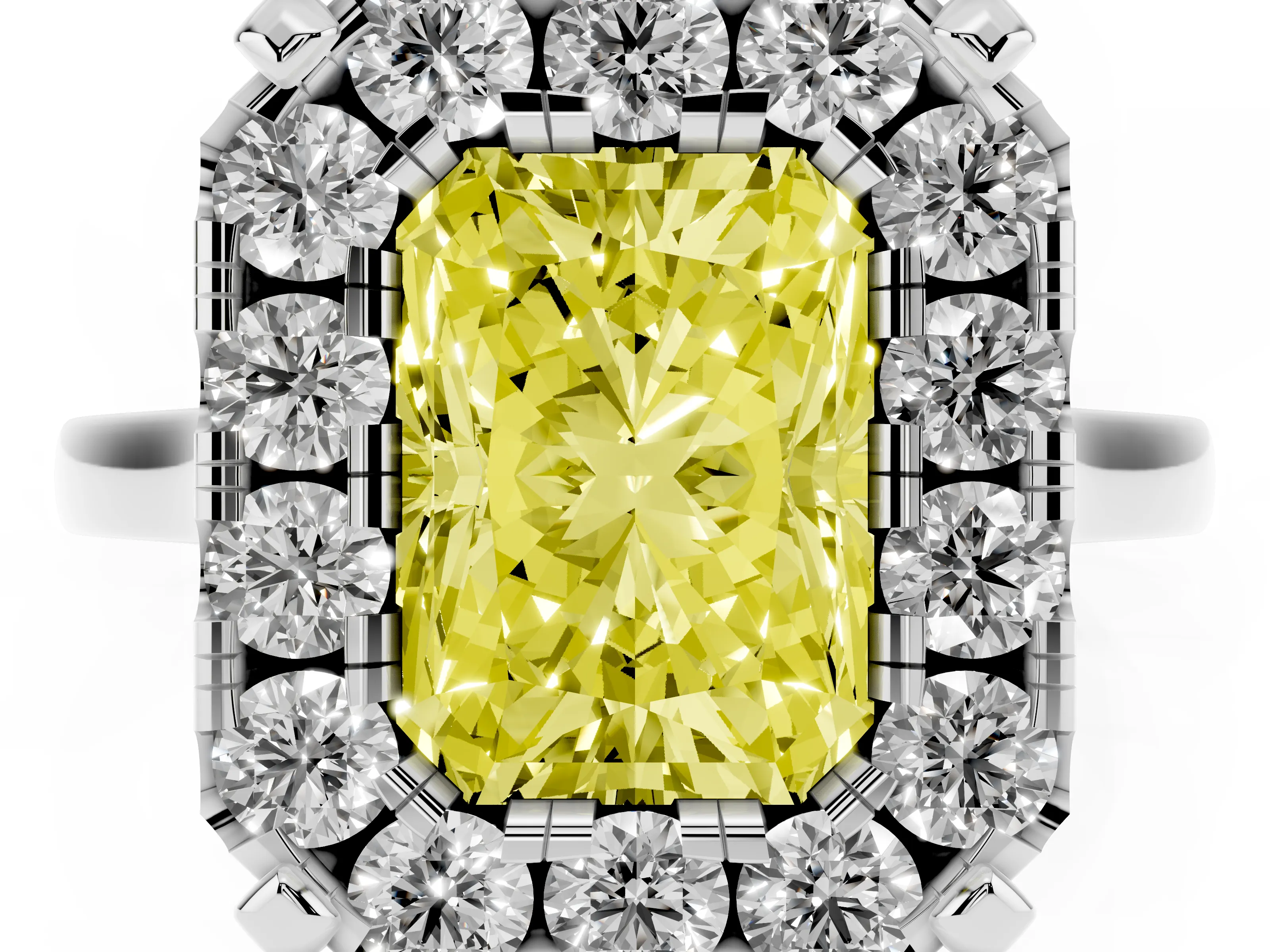 Fancy Yellow Radiant Cut Diamond Cluster Halo Solitaire Ring Set in White gold with Prong Setting