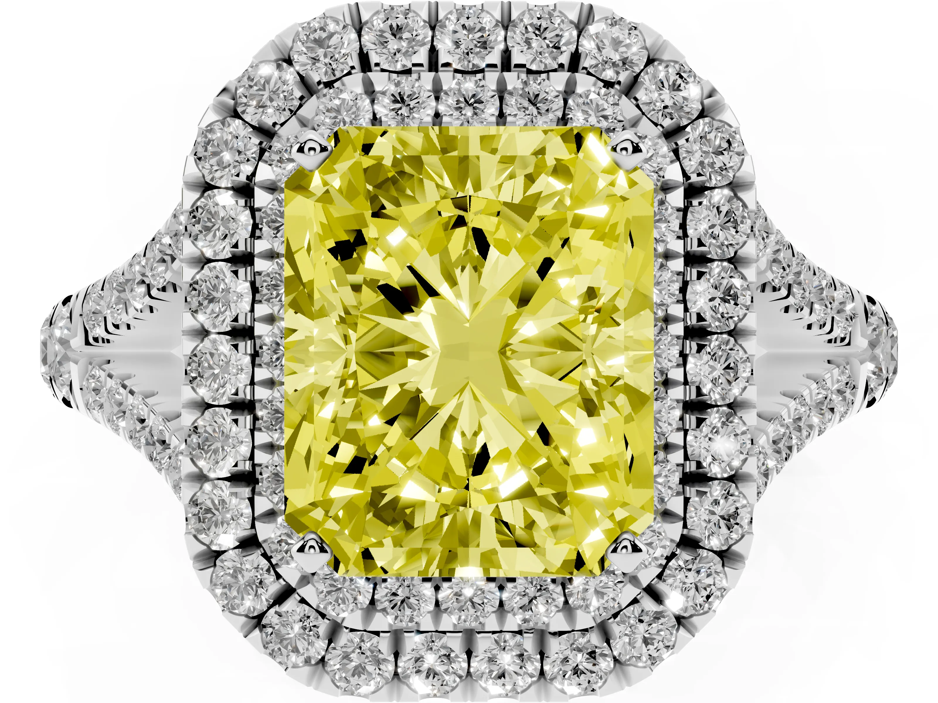 Fancy Yellow Radiant Cut Diamond Pavé Split Shank Double Halo Engagement Ring Set in Platinum