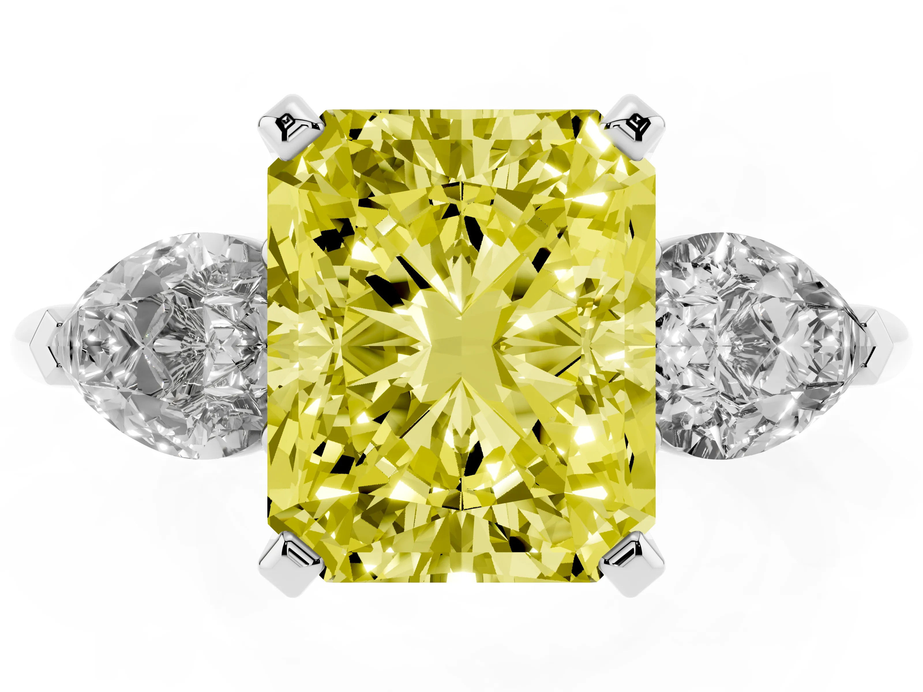 Fancy Yellow Three-Stone Radiant Cut Diamond Ring Set in Platinum with Pear Side Stones and Prong Setting