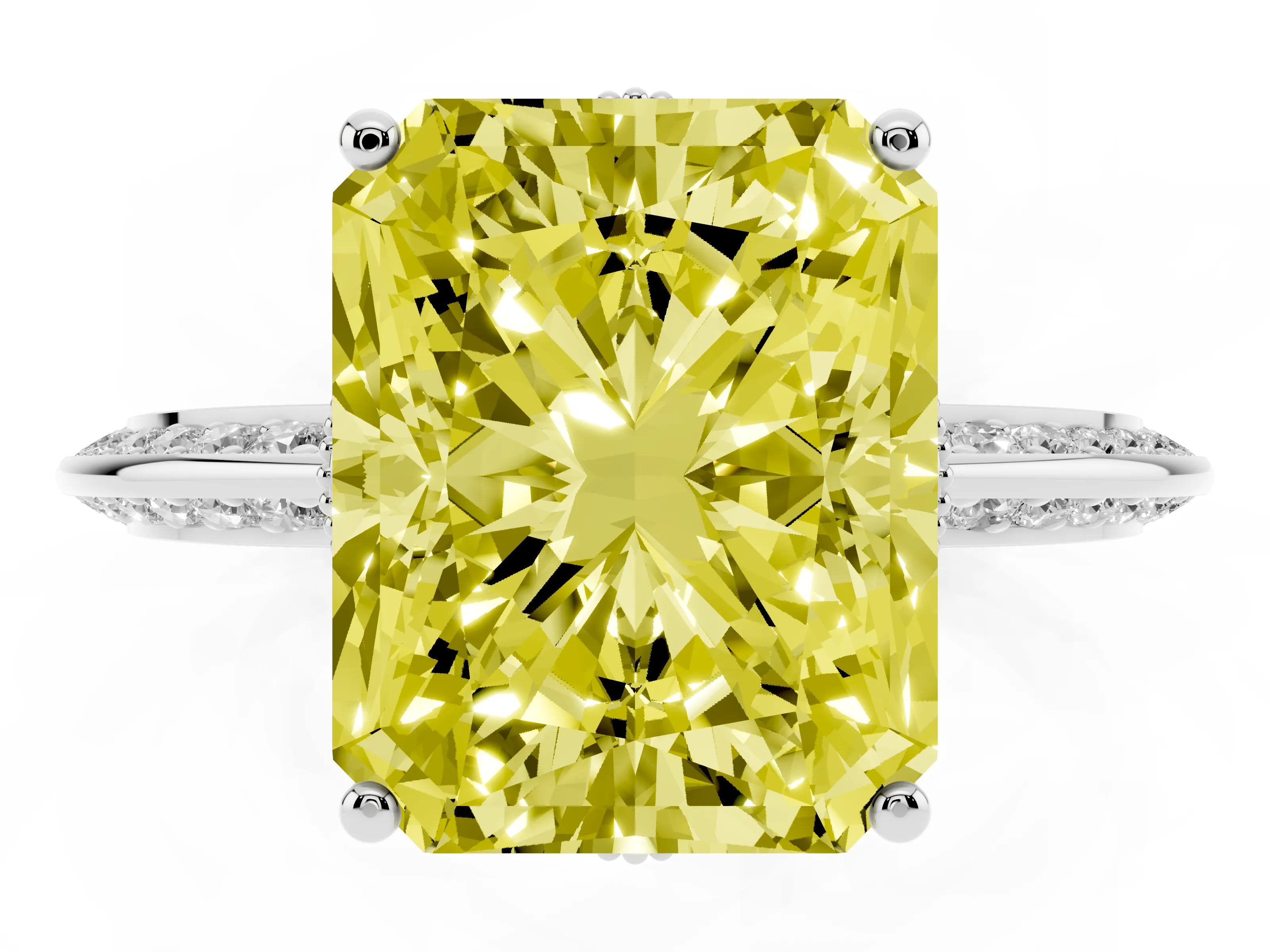 Fancy Yellow Radiant Cut Diamond Solitaire Engagement Ring Set in Silver with Pavé Split Shank and Prong Setting