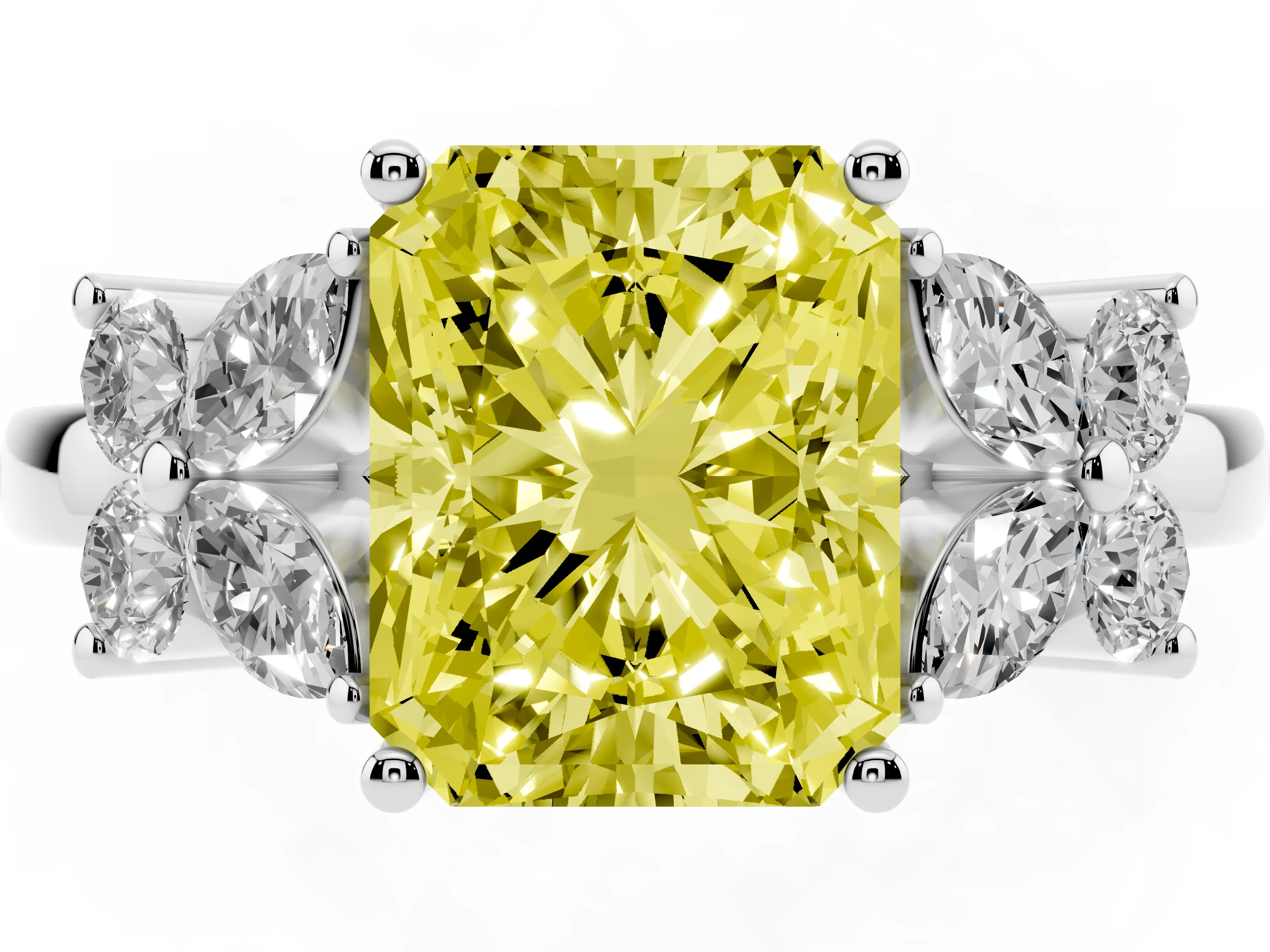 Fancy Yellow Radiant Cut Diamond Floral Cluster Ring Set in White gold with Marquise Petals and Prong Setting