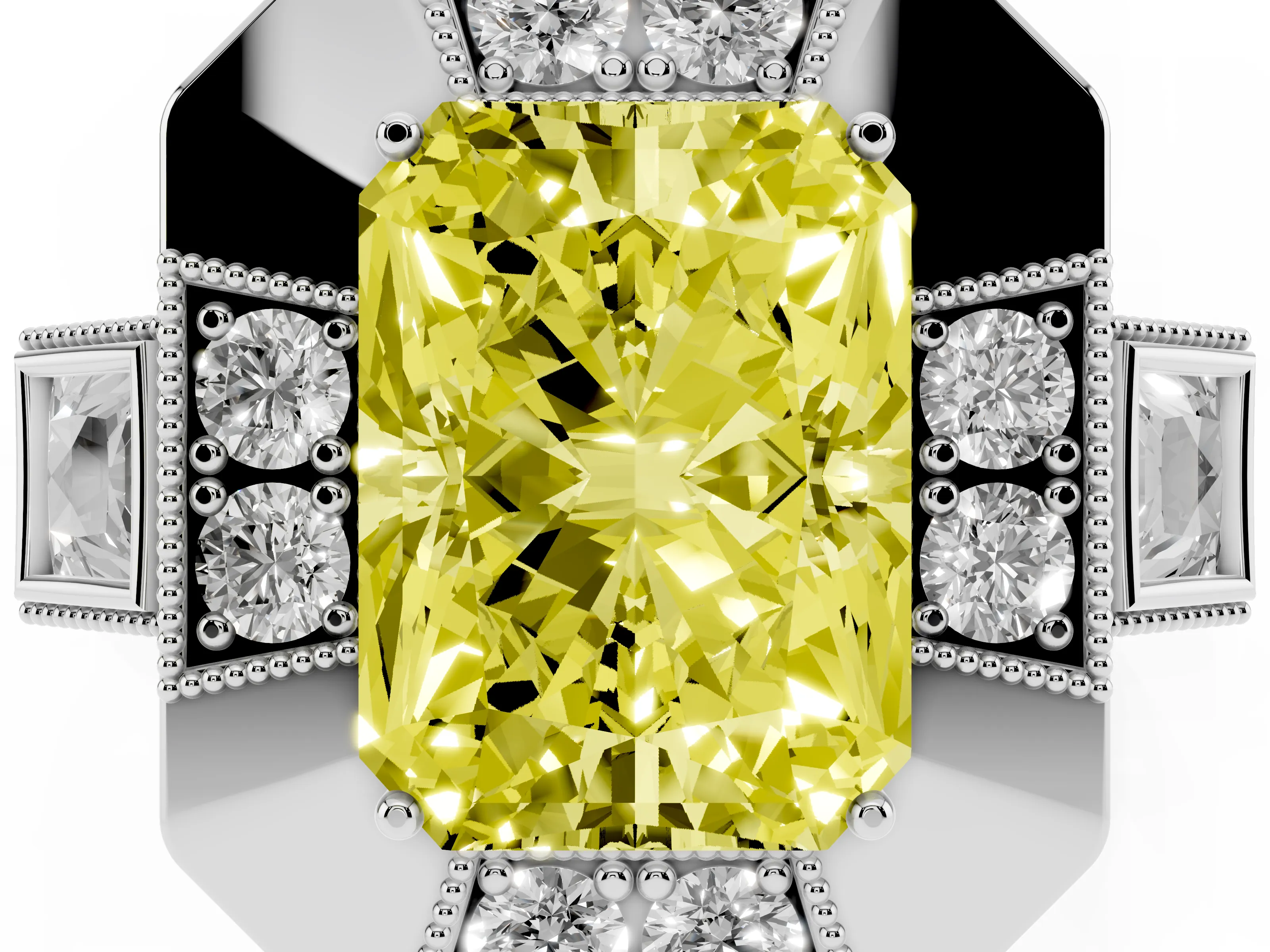 Fancy Yellow Radiant Cut Diamond Milgrain Halo Ring Set in Silver with Split Shank