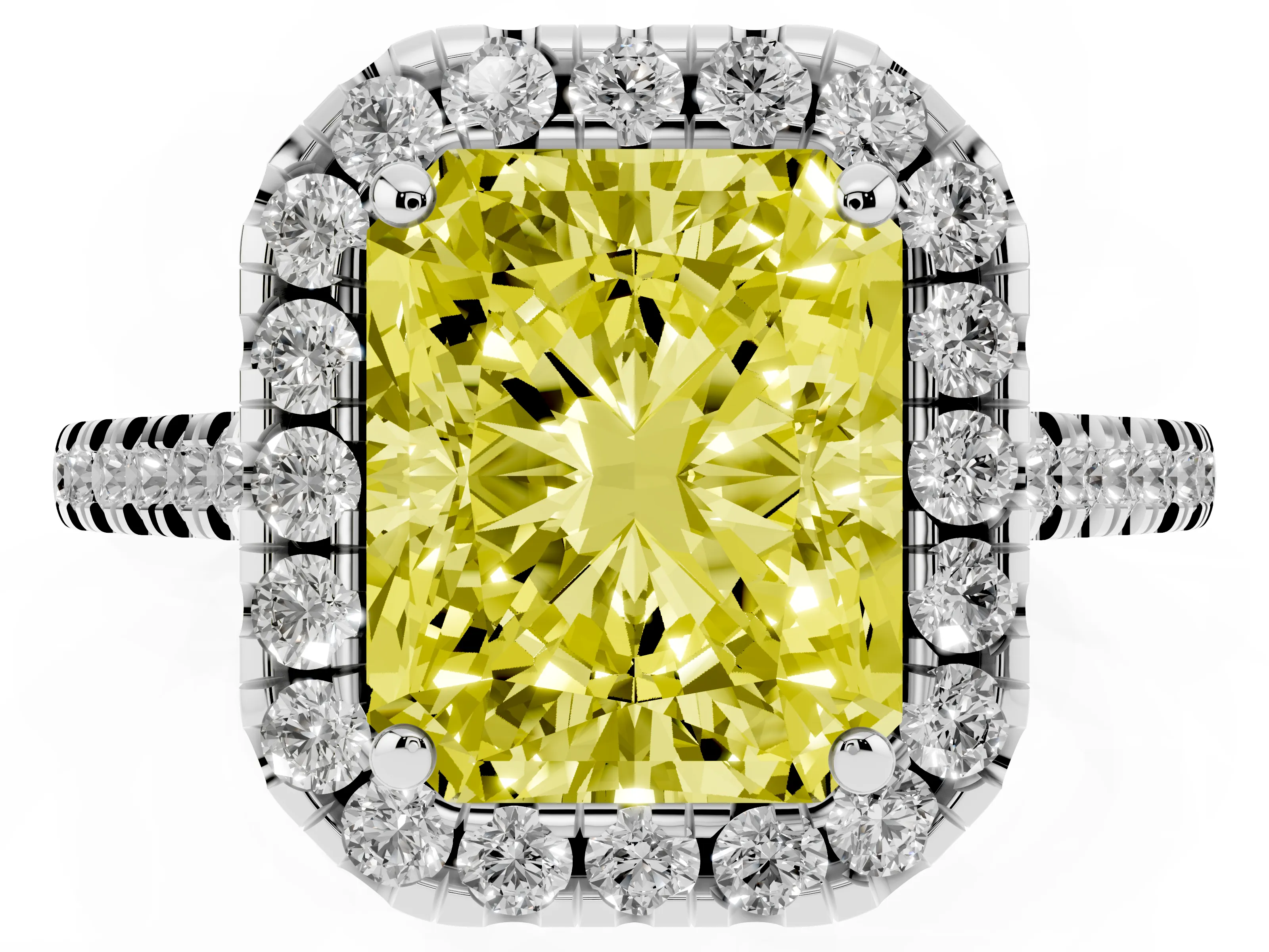 Fancy Yellow Radiant Cut Diamond Cushion Halo Ring Set in White gold with Pavé Band