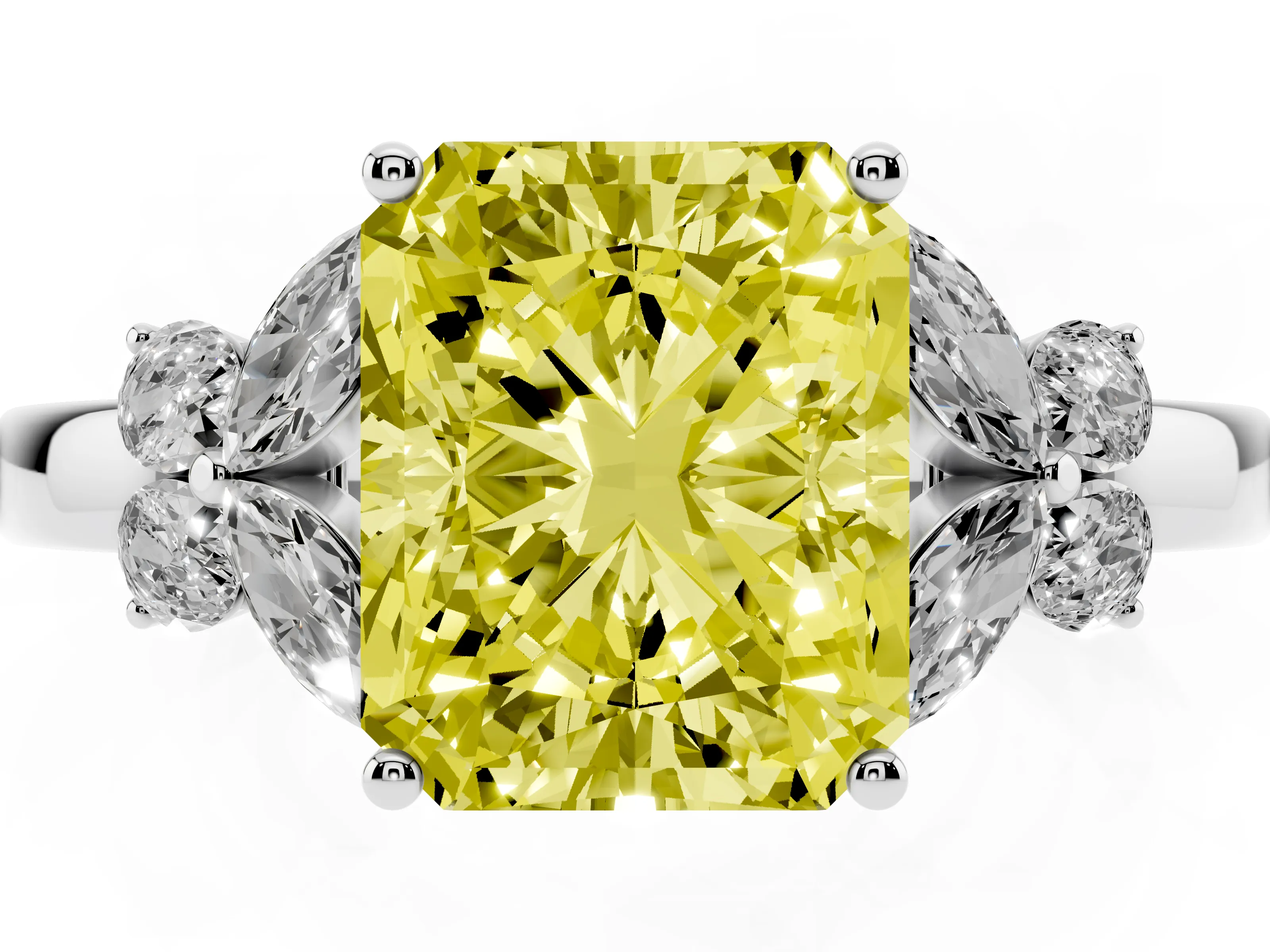 Fancy Yellow Radiant Cut Diamond Solitaire Floral Ring Set in White gold with Marquise Petals and Prong Setting