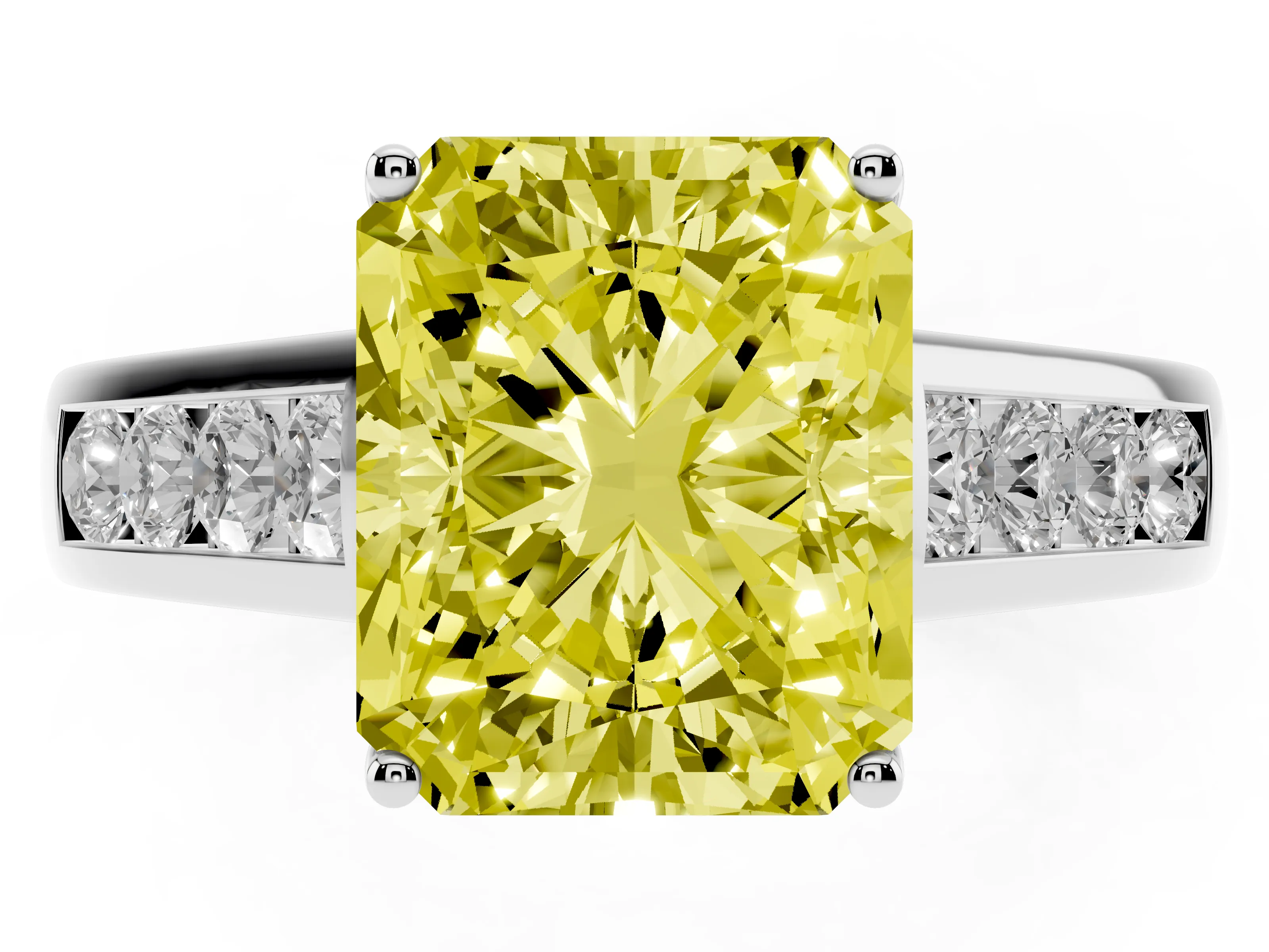 Fancy Yellow Radiant Cut Diamond Brilliant Channel-Set Solitaire Ring Set in White gold with Prong Setting