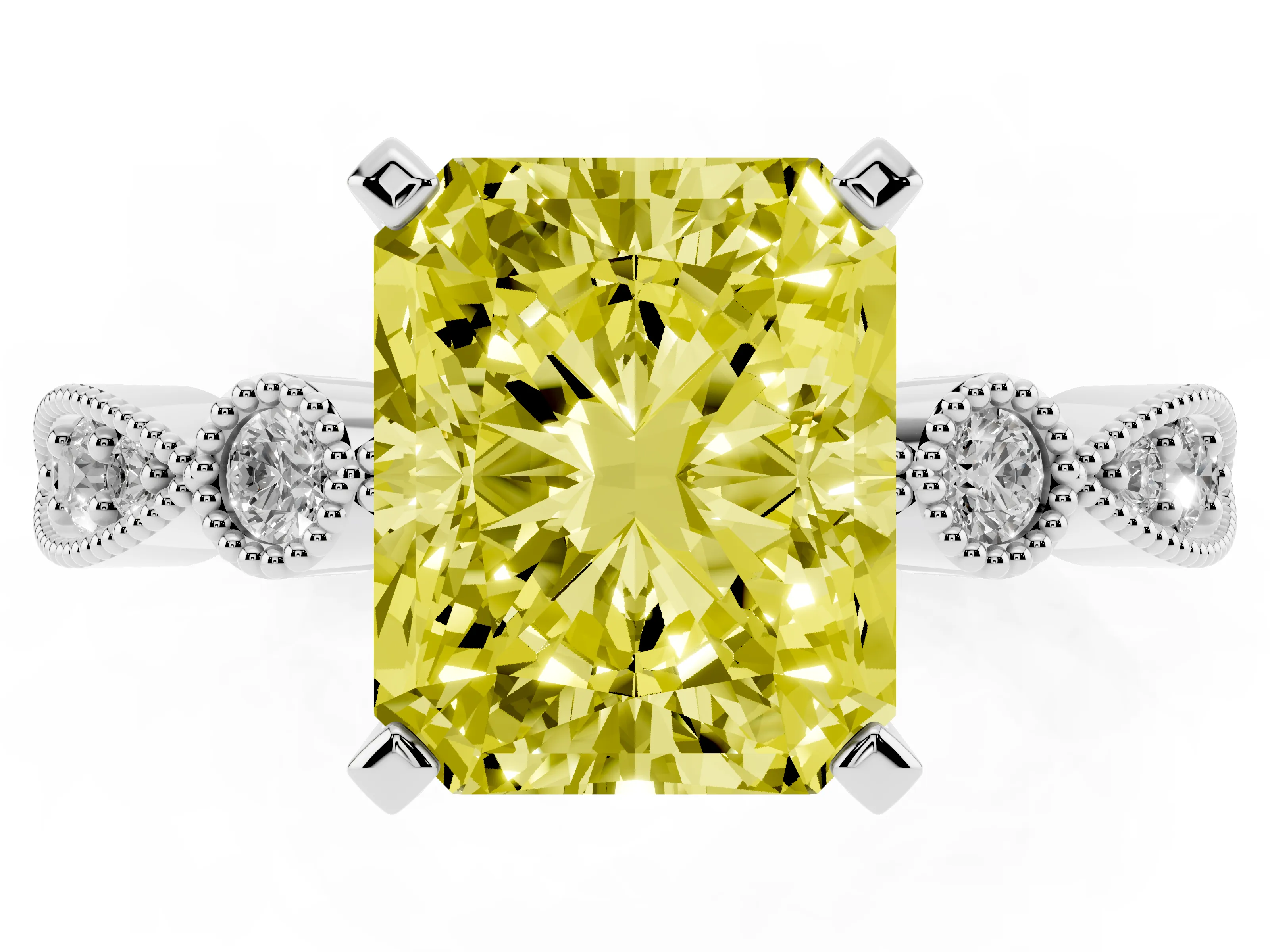 Fancy Yellow Radiant Cut Diamond Solitaire Engagement Ring Set in White gold with Milgrain Bezel Accent Band