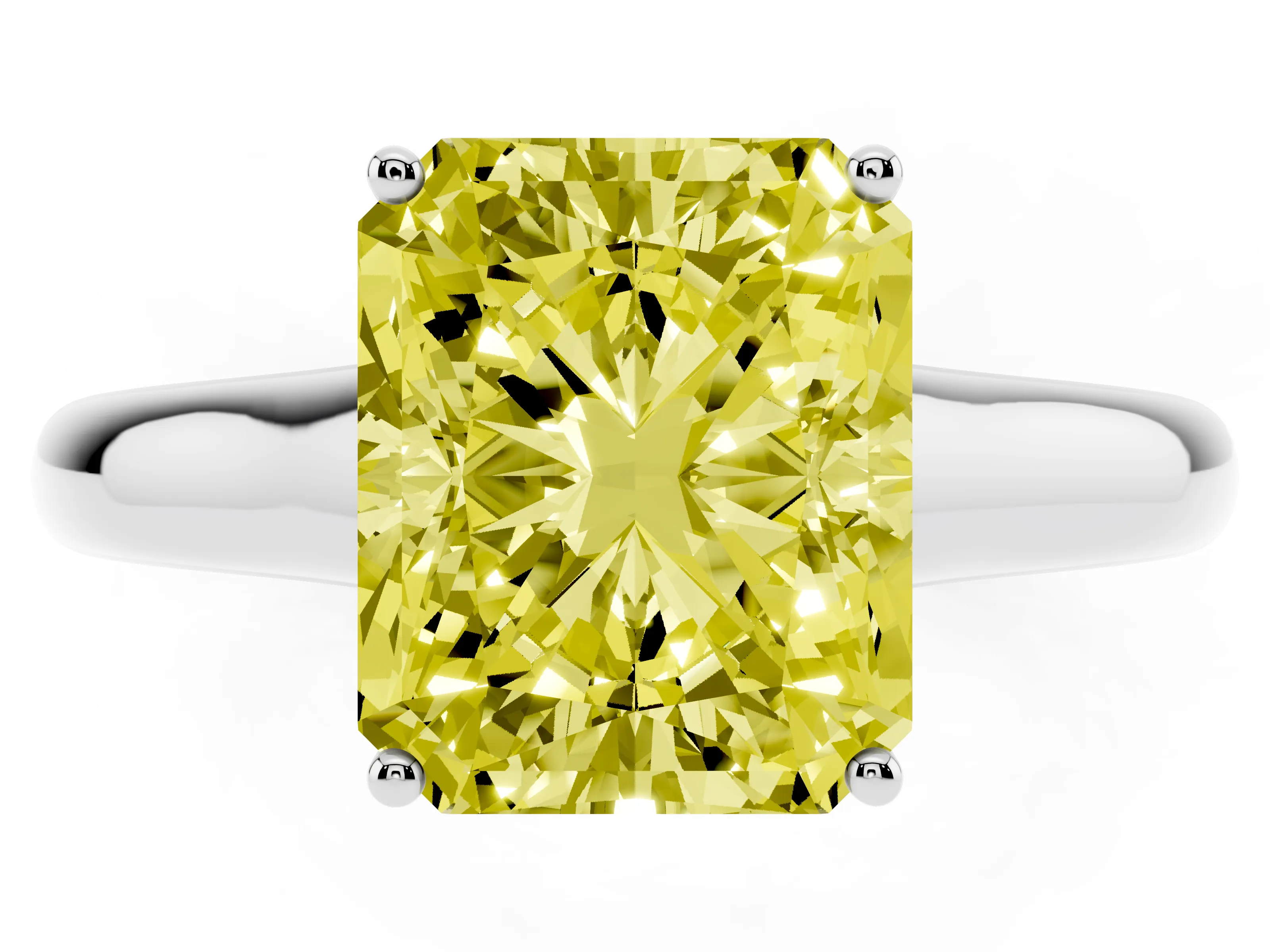 Fancy Yellow Radiant Cut Diamond Solitaire Engagement Ring Set in Silver with Subtly Tapered Band and Prong Setting