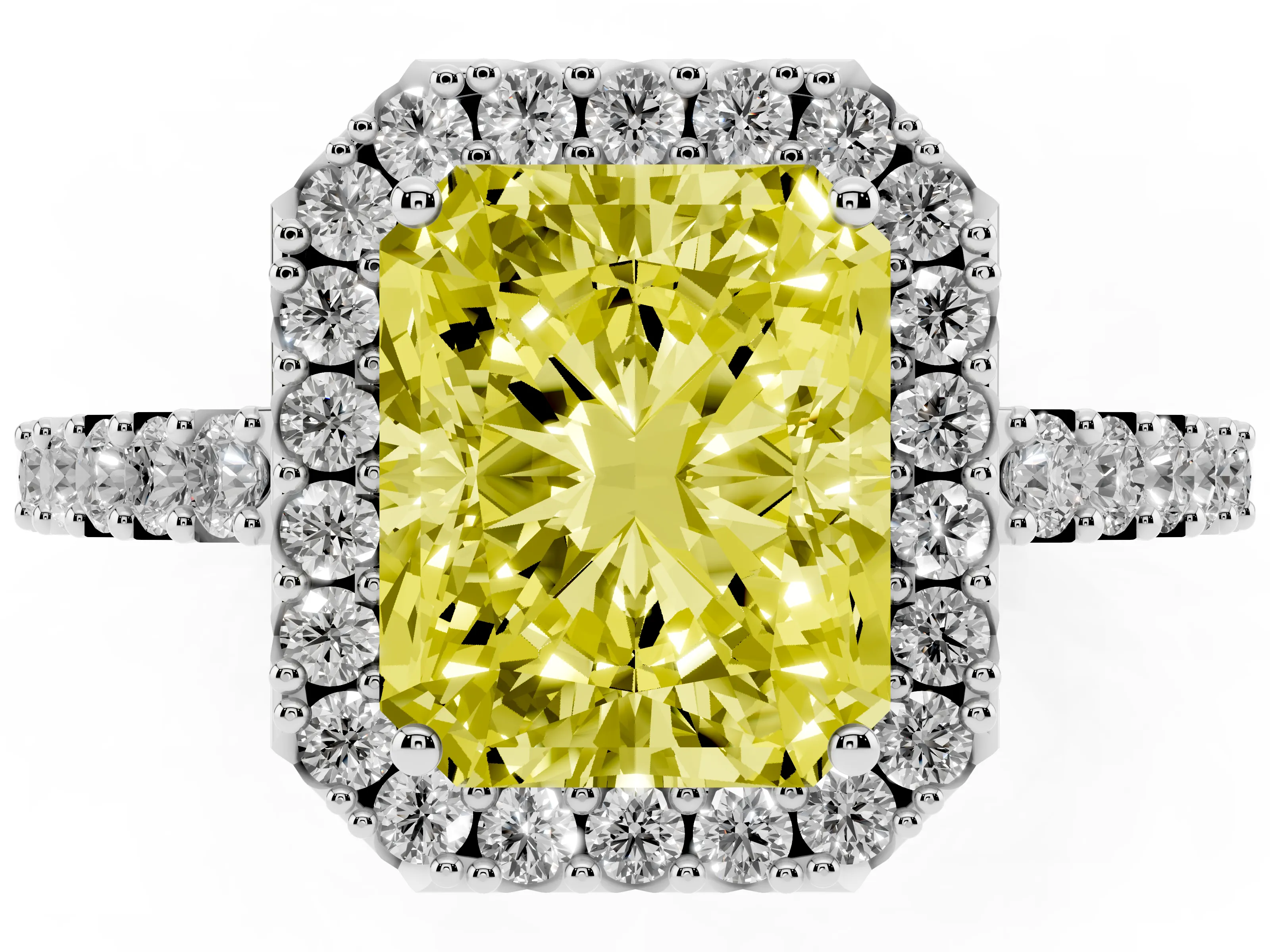 Fancy Yellow Radiant Cut Diamond Halo Pavé Solitaire Ring Set in Platinum with Prong-Set Center Stone