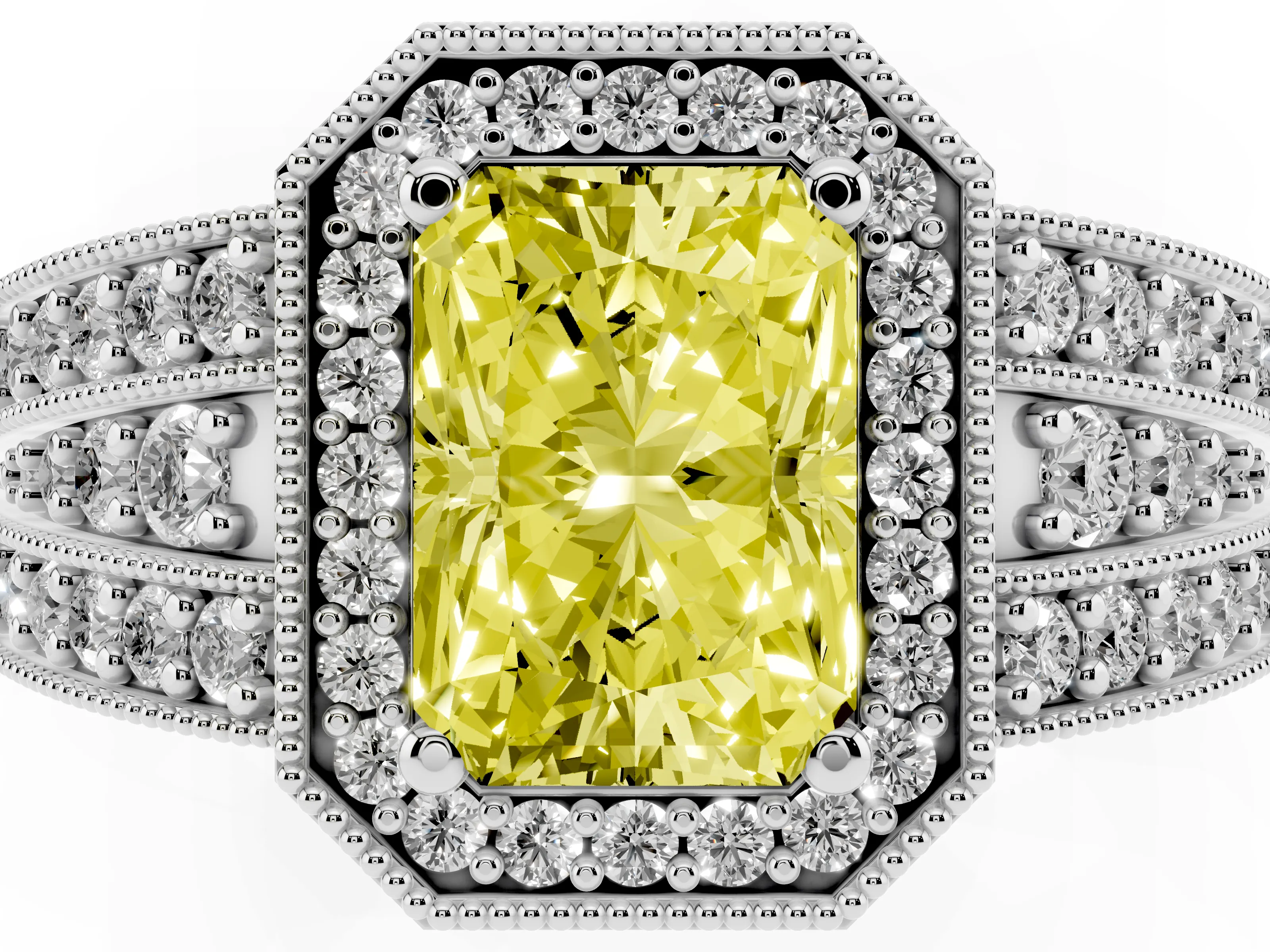 Fancy Yellow Radiant Cut Diamond Halo Ring Set in Platinum with Accent Split Shank and Prong Setting