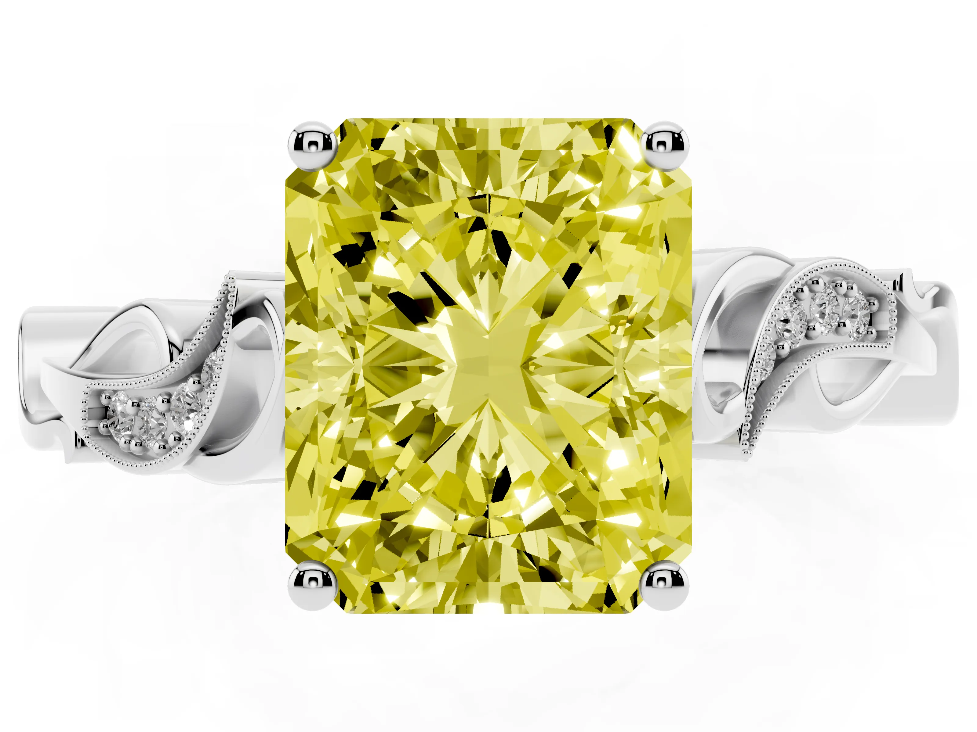 Fancy Yellow Radiant Cut Diamond Vine Band Solitaire Ring Set in Platinum with Milgrain Prong Setting