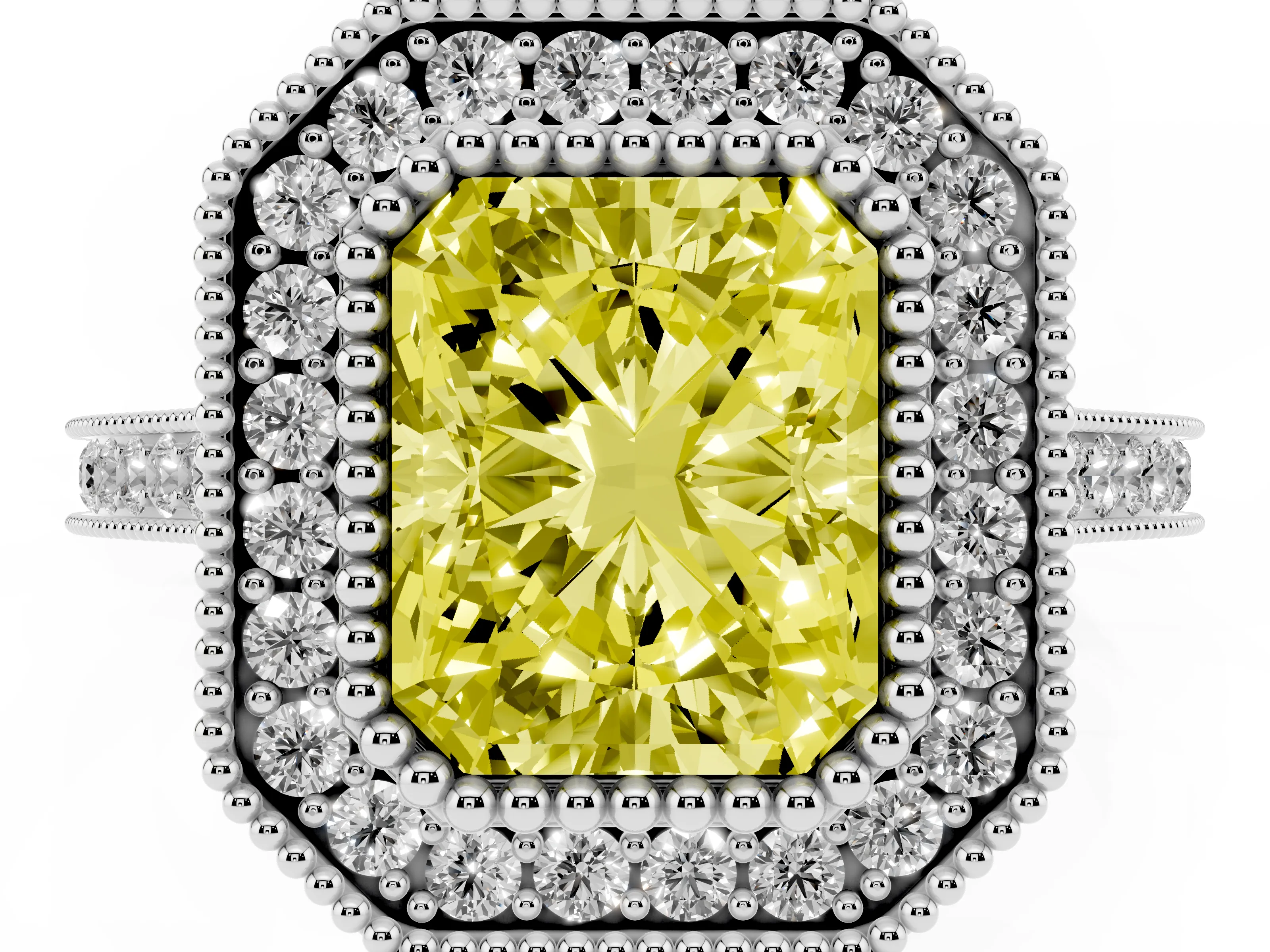 Fancy Yellow Radiant Cut Diamond Halo Ring Set in Silver with Milgrain Frame and Pavé Band