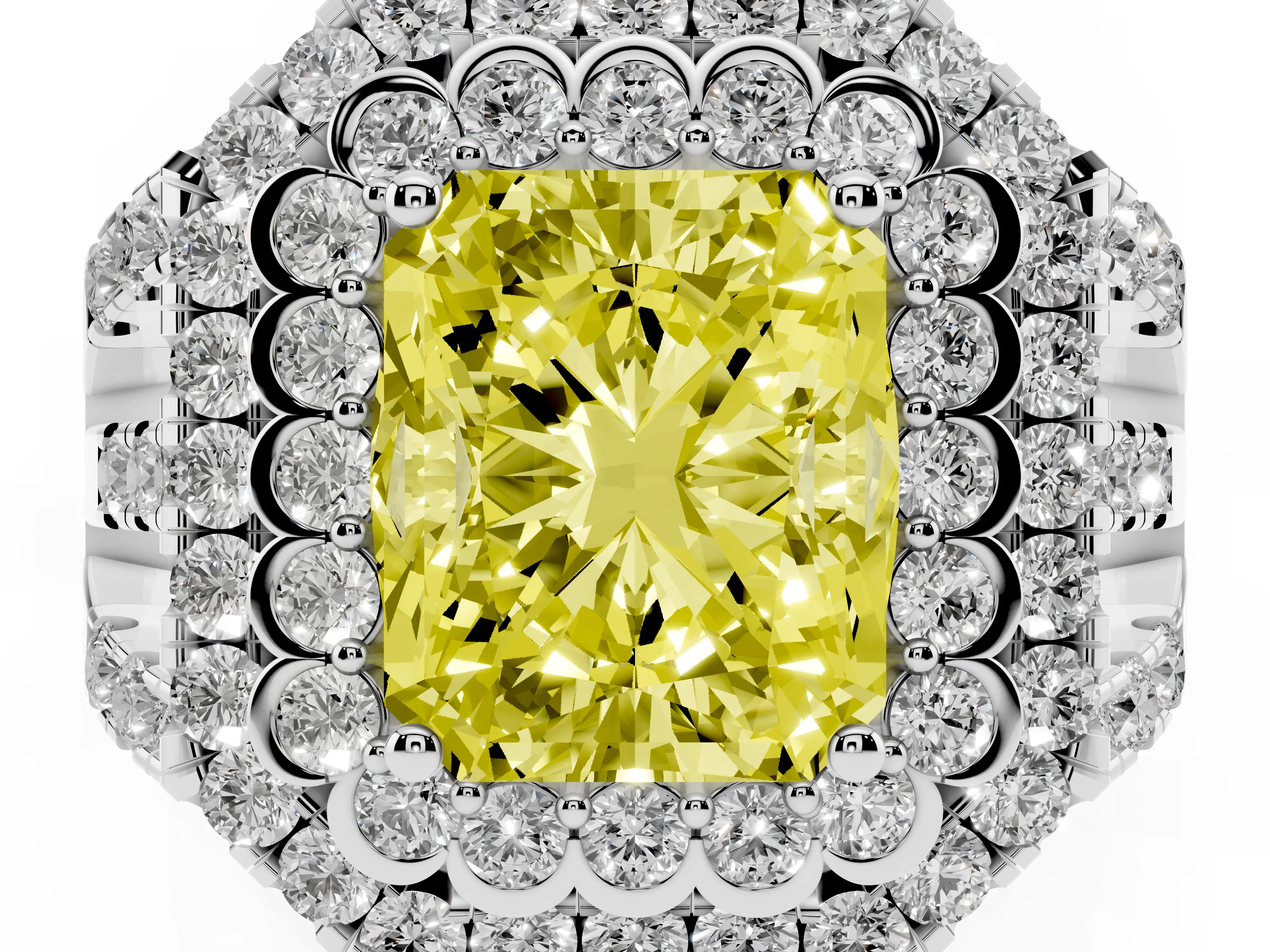 Fancy Yellow Radiant Cut Diamond Double Halo Ring Set in White gold with Round Pavé Split Shank