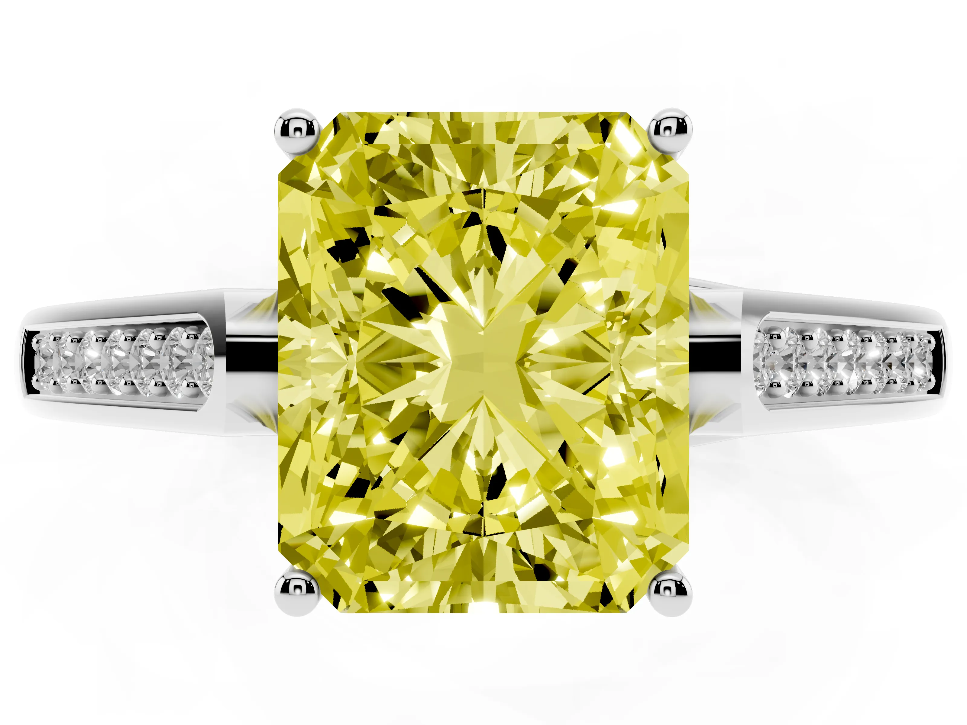 Fancy Yellow Radiant Cut Diamond Solitaire Cathedral Engagement Ring Set in Platinum with Channel-Set Band and Prong Setting