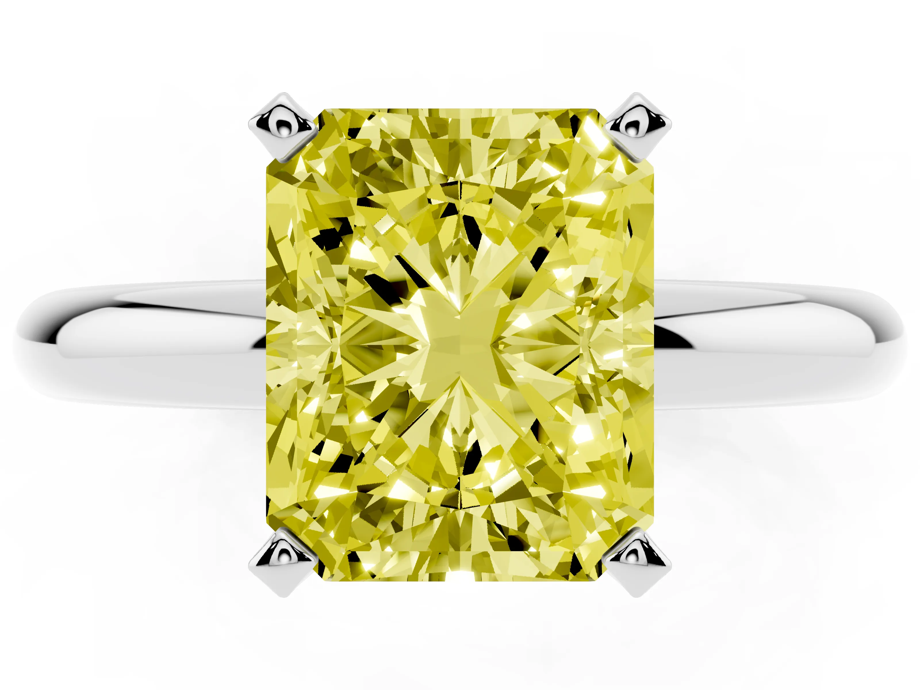 Fancy Yellow Radiant Cut Diamond Solitaire Engagement Ring Set in Platinum with Round Band and Prong Setting