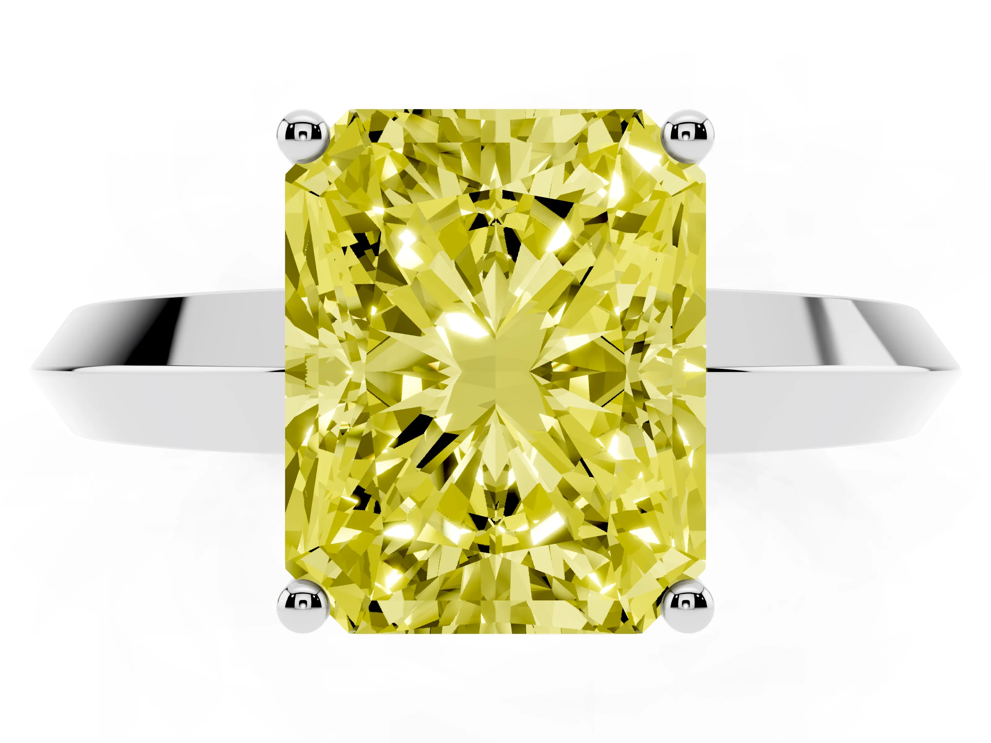 Fancy Yellow Radiant Cut Diamond Solitaire Engagement Ring Set in Silver with Flat Band and Prong Setting
