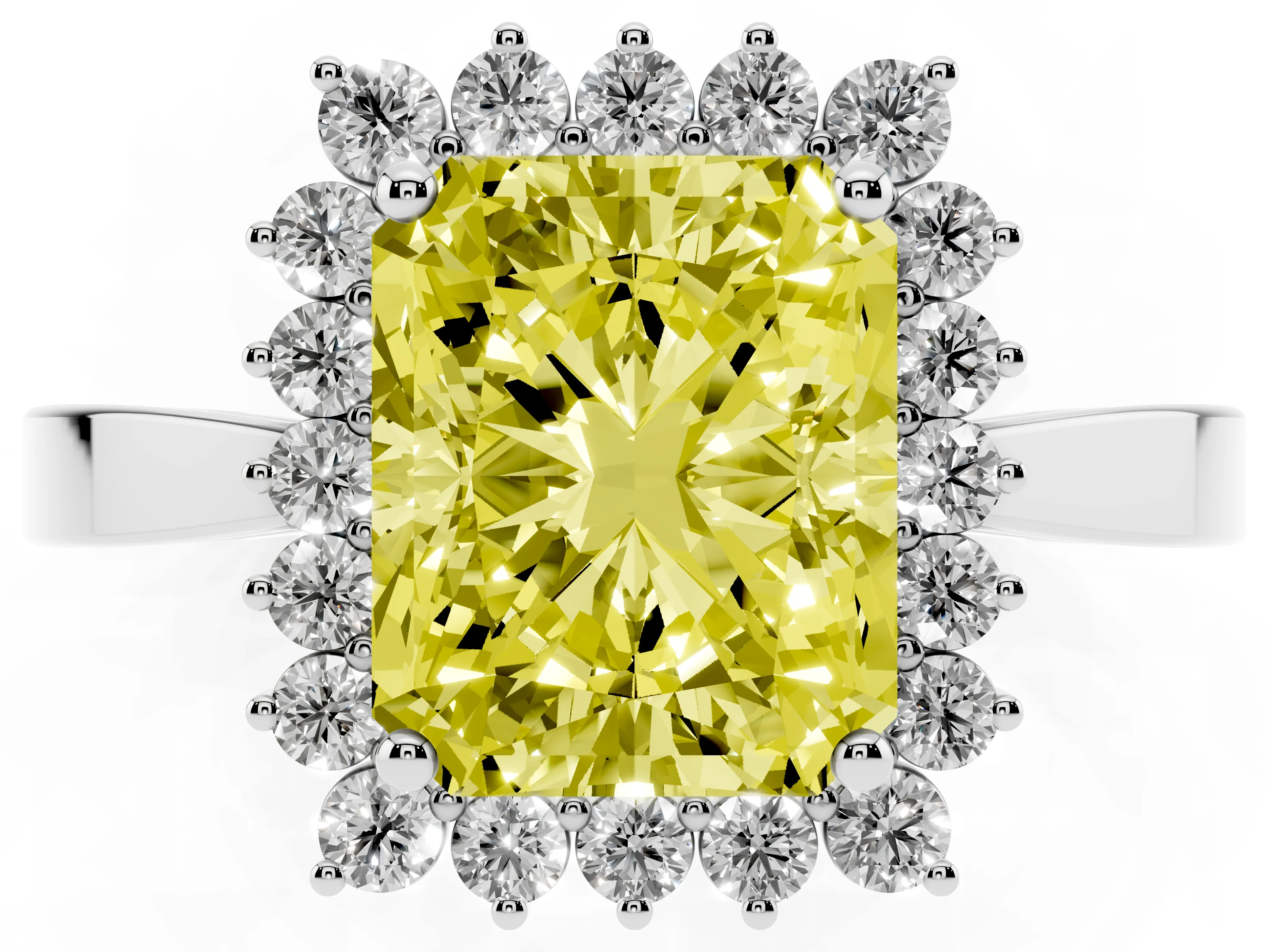 Fancy Yellow Radiant Cut Diamond Halo Ring Set in White gold with Round Halo and Smooth Solitaire Band