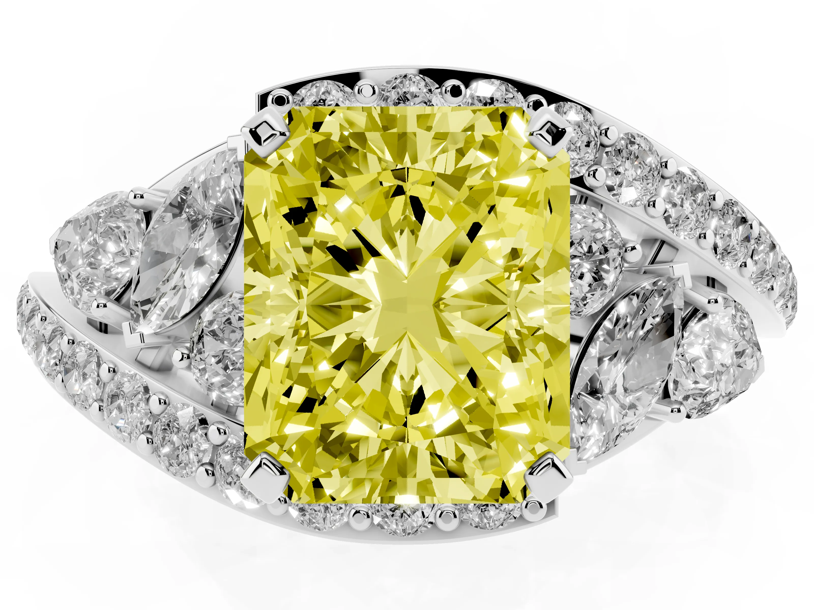Fancy Yellow Radiant Cut Diamond Halo Ring Set in Silver with Marquise and Pavé Band in Prong Setting