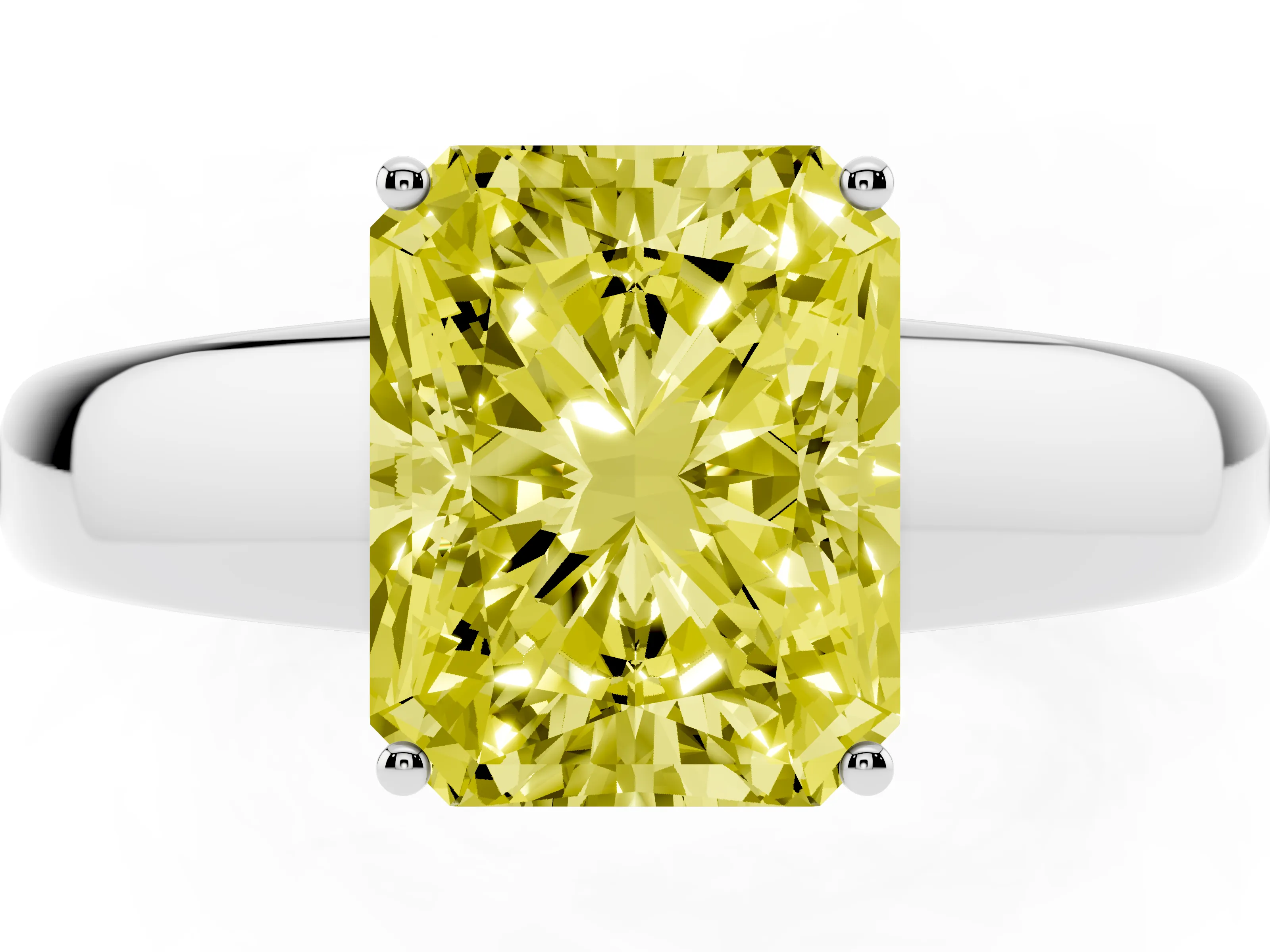 Fancy Yellow Radiant Cut Diamond Solitaire Ring Set in White gold with Tapered Band and Prong Setting