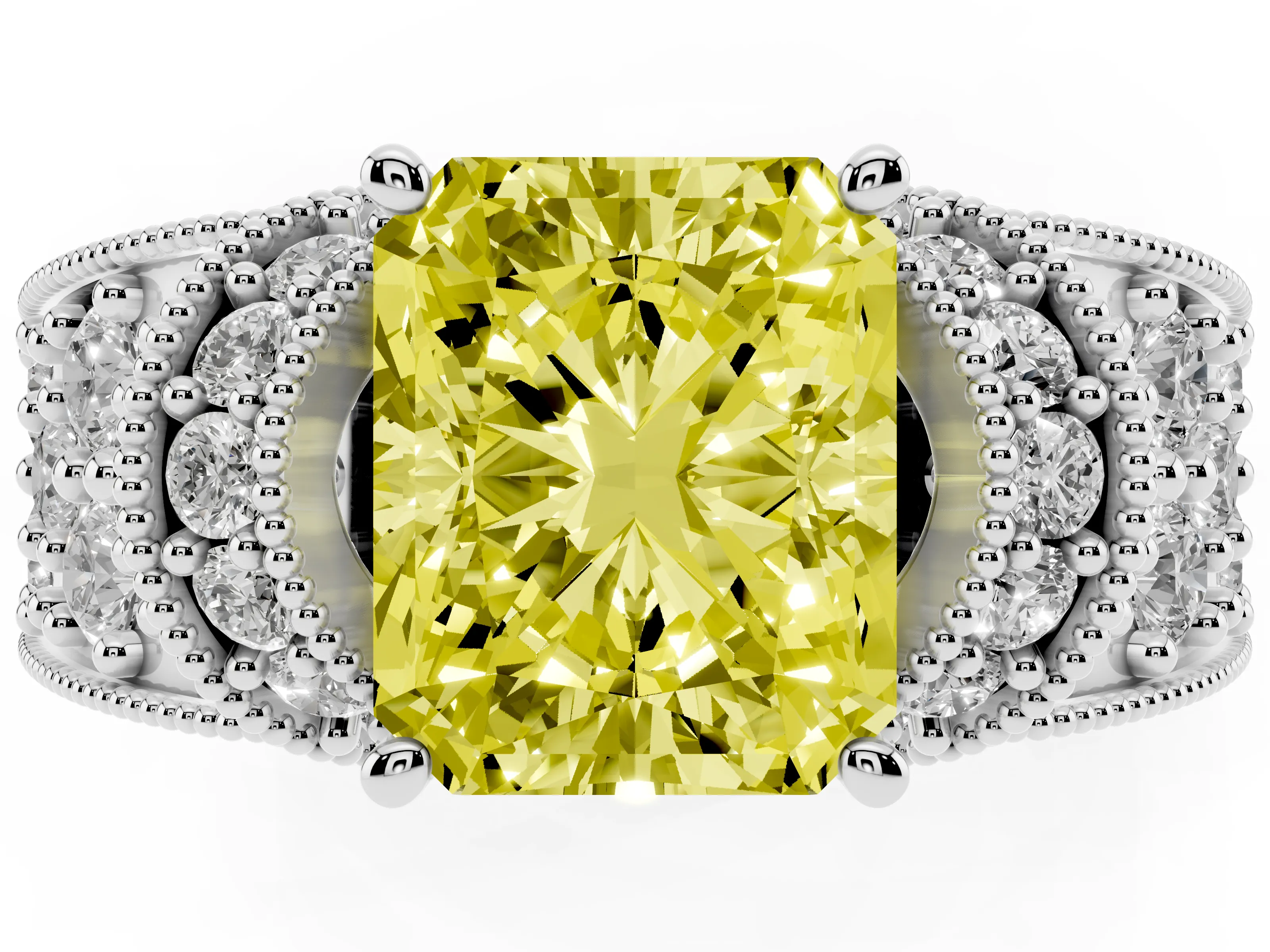 Fancy Yellow Radiant Cut Diamond Milgrain Halo Pavé Engagement Ring Set in White gold with Prong Setting